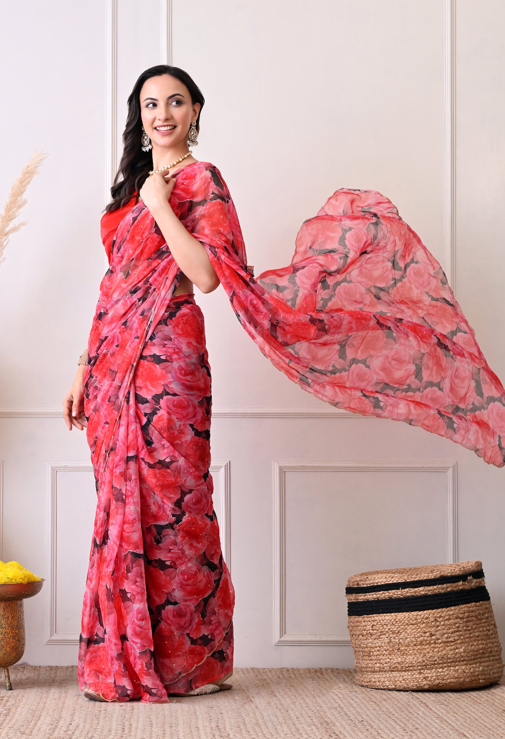 Digital Printed Red Chiffon Saree