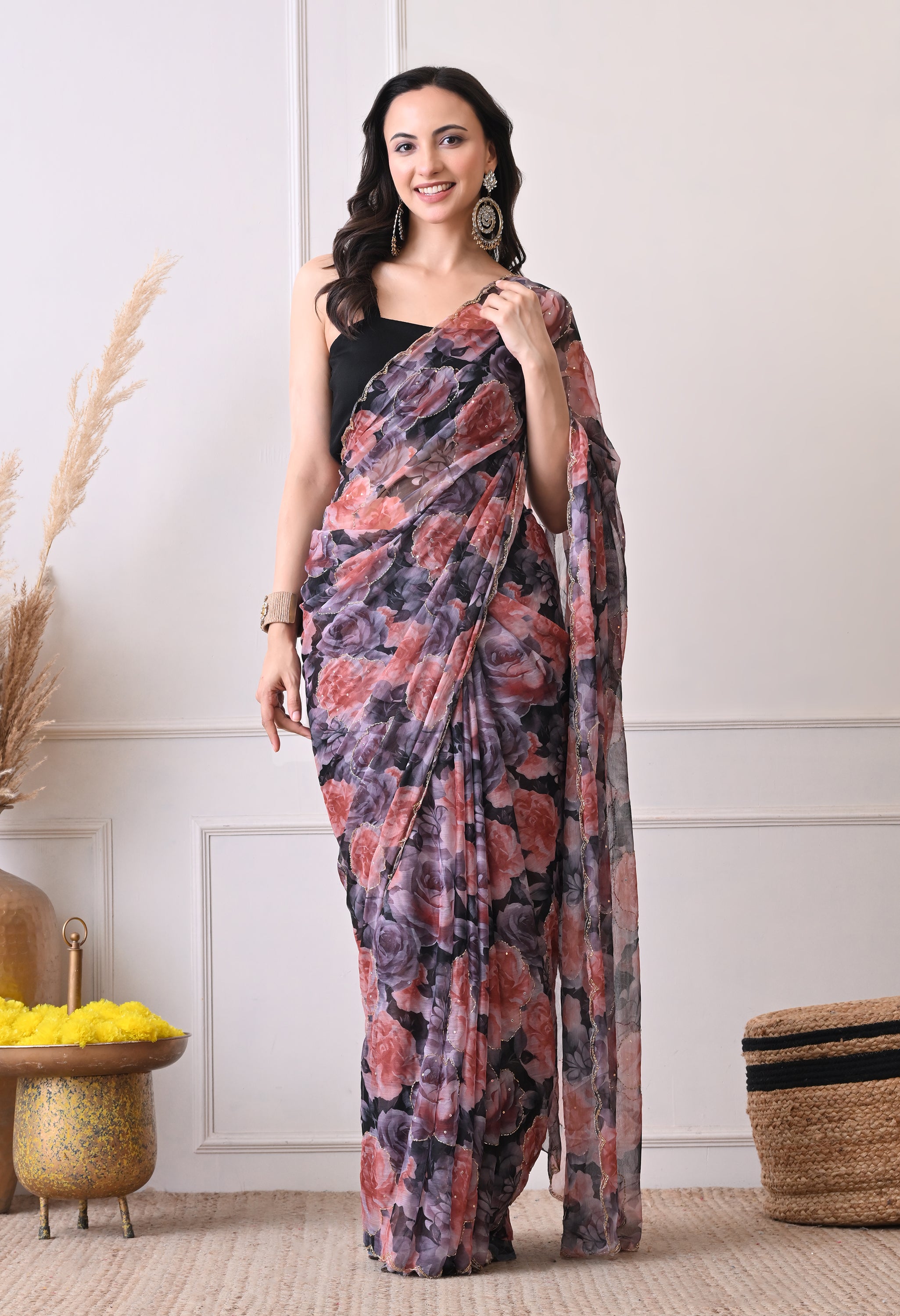 Digital Printed Black Chiffon Saree