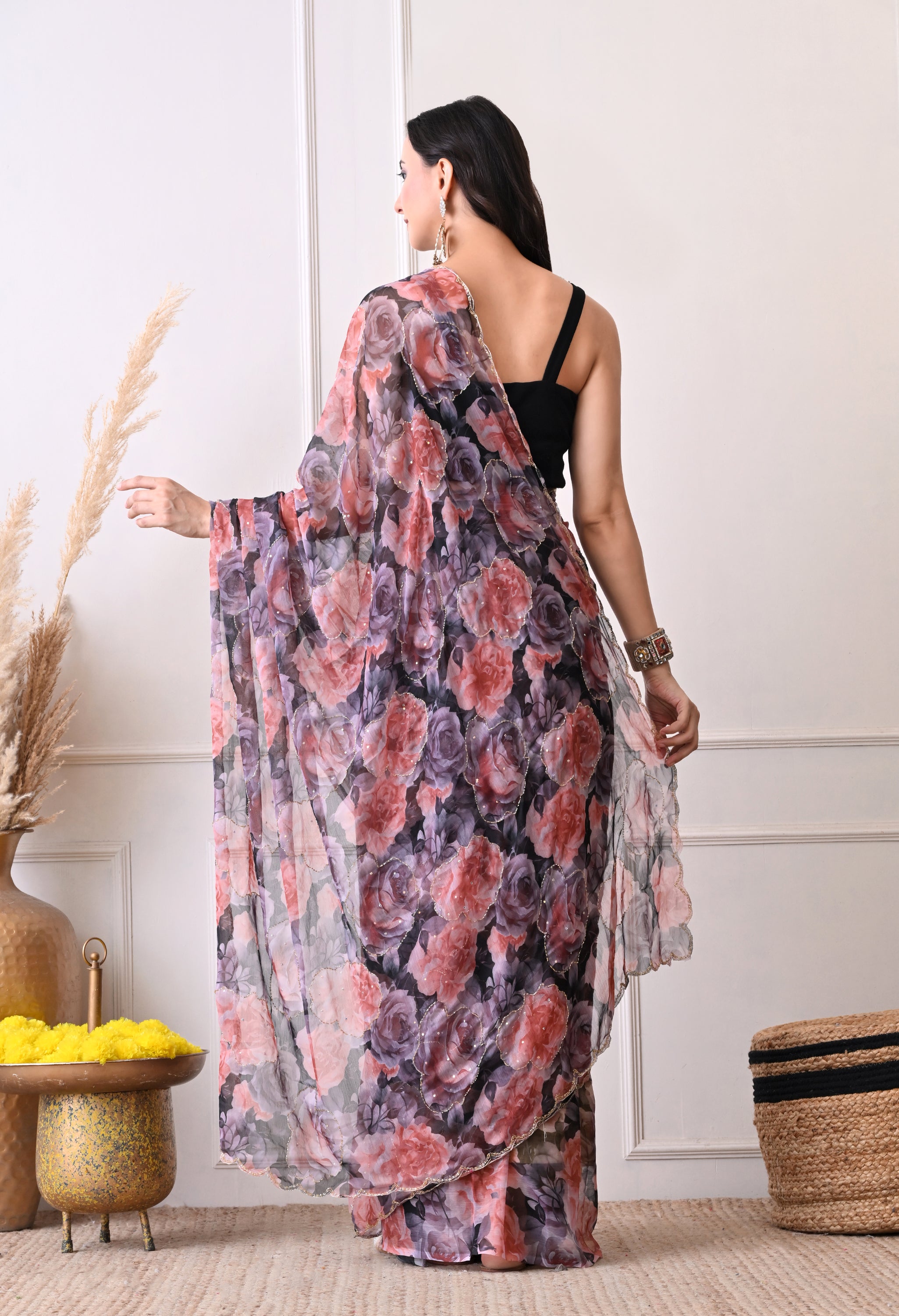 Digital Printed Black Chiffon Saree