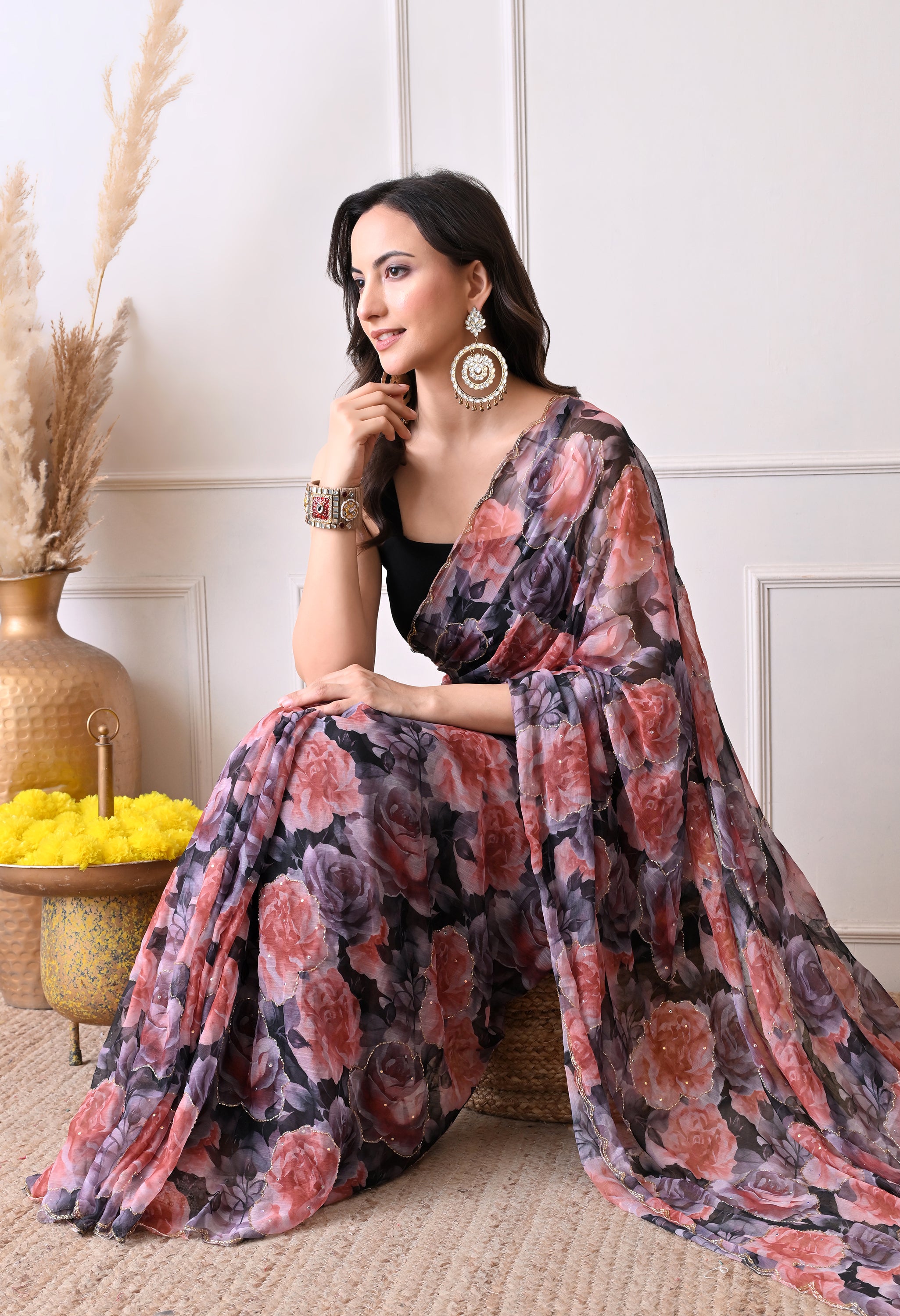 Digital Printed Black Chiffon Saree