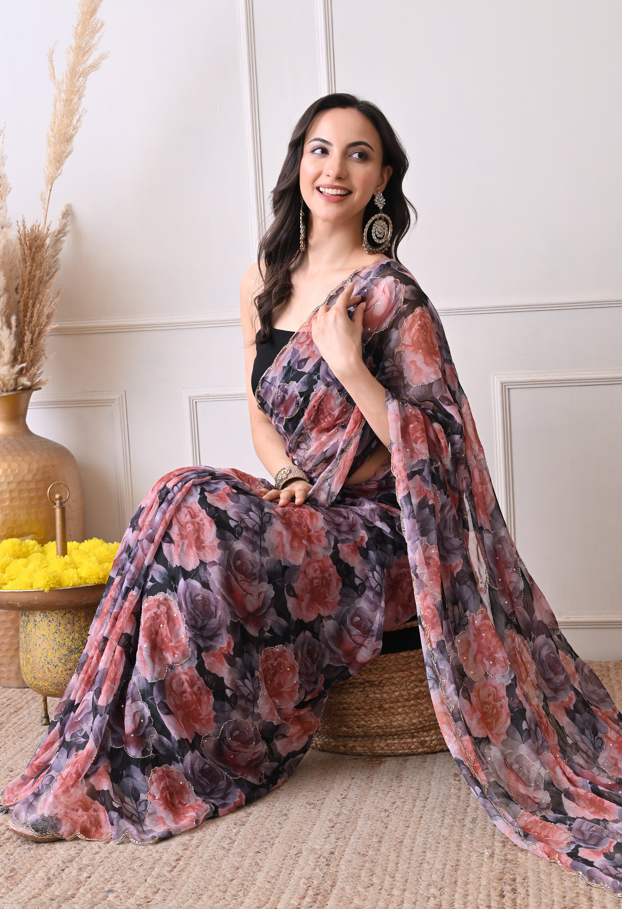 Digital Printed Black Chiffon Saree