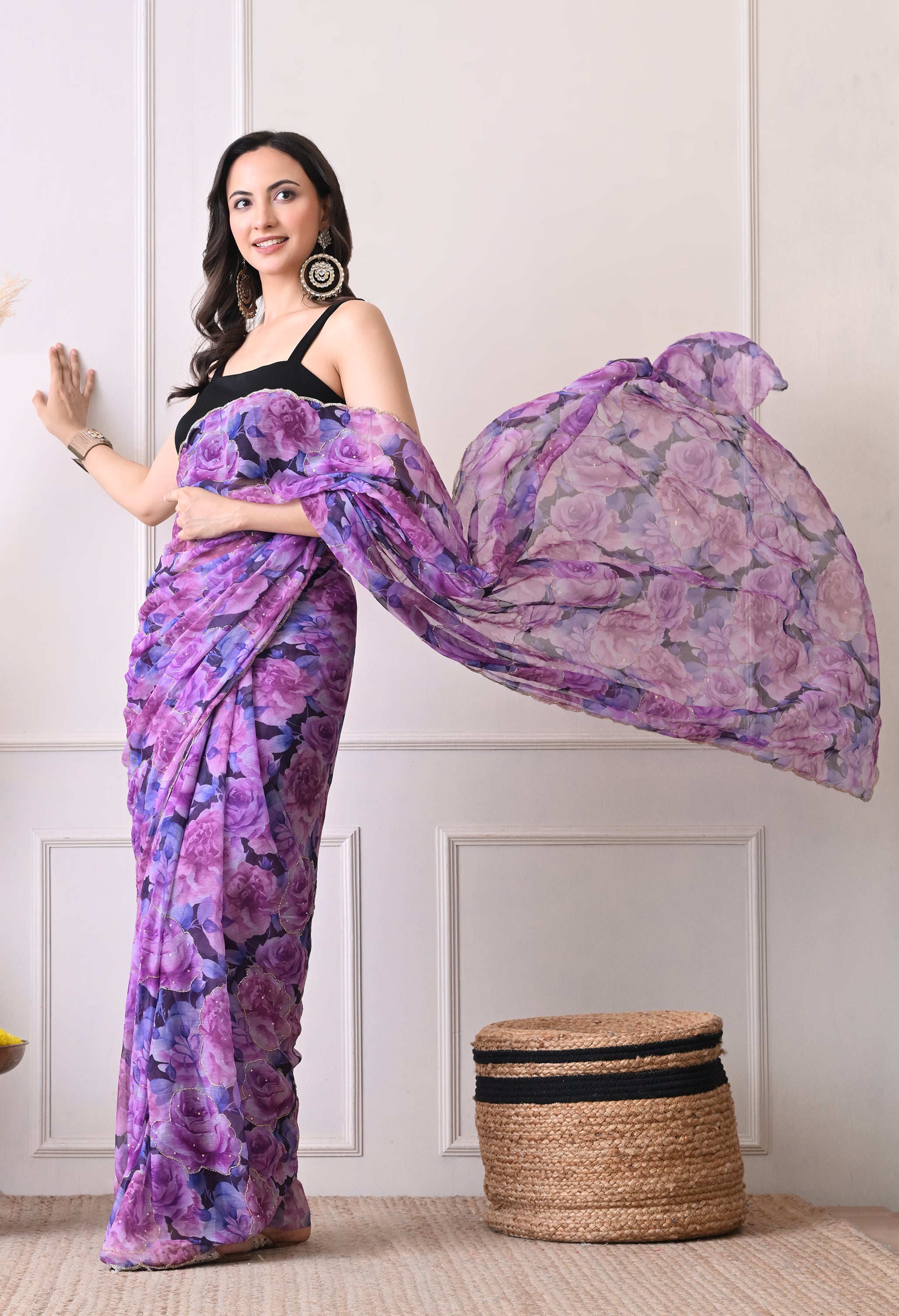 Digital Printed Purple Chiffon Saree