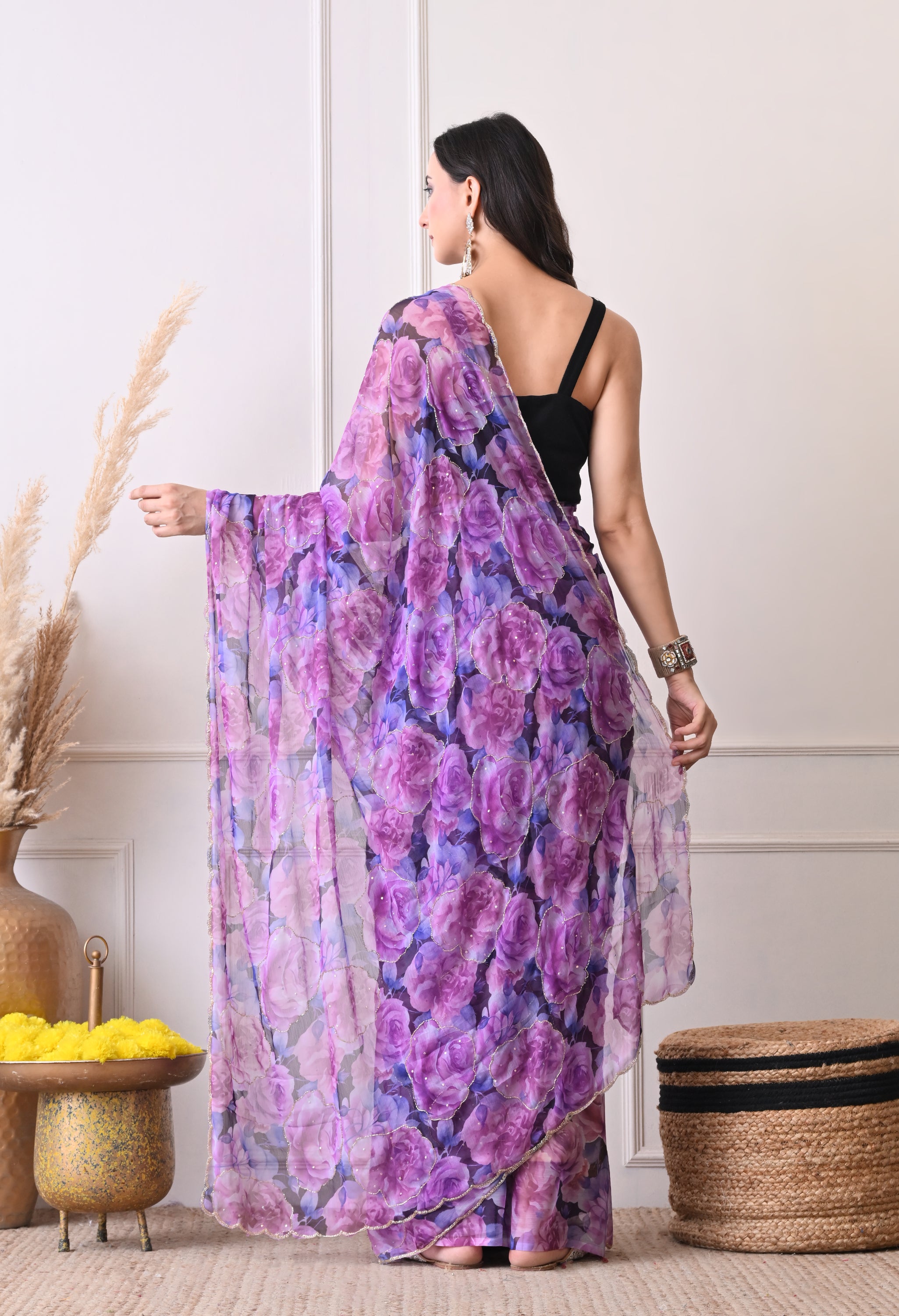 Digital Printed Purple Chiffon Saree