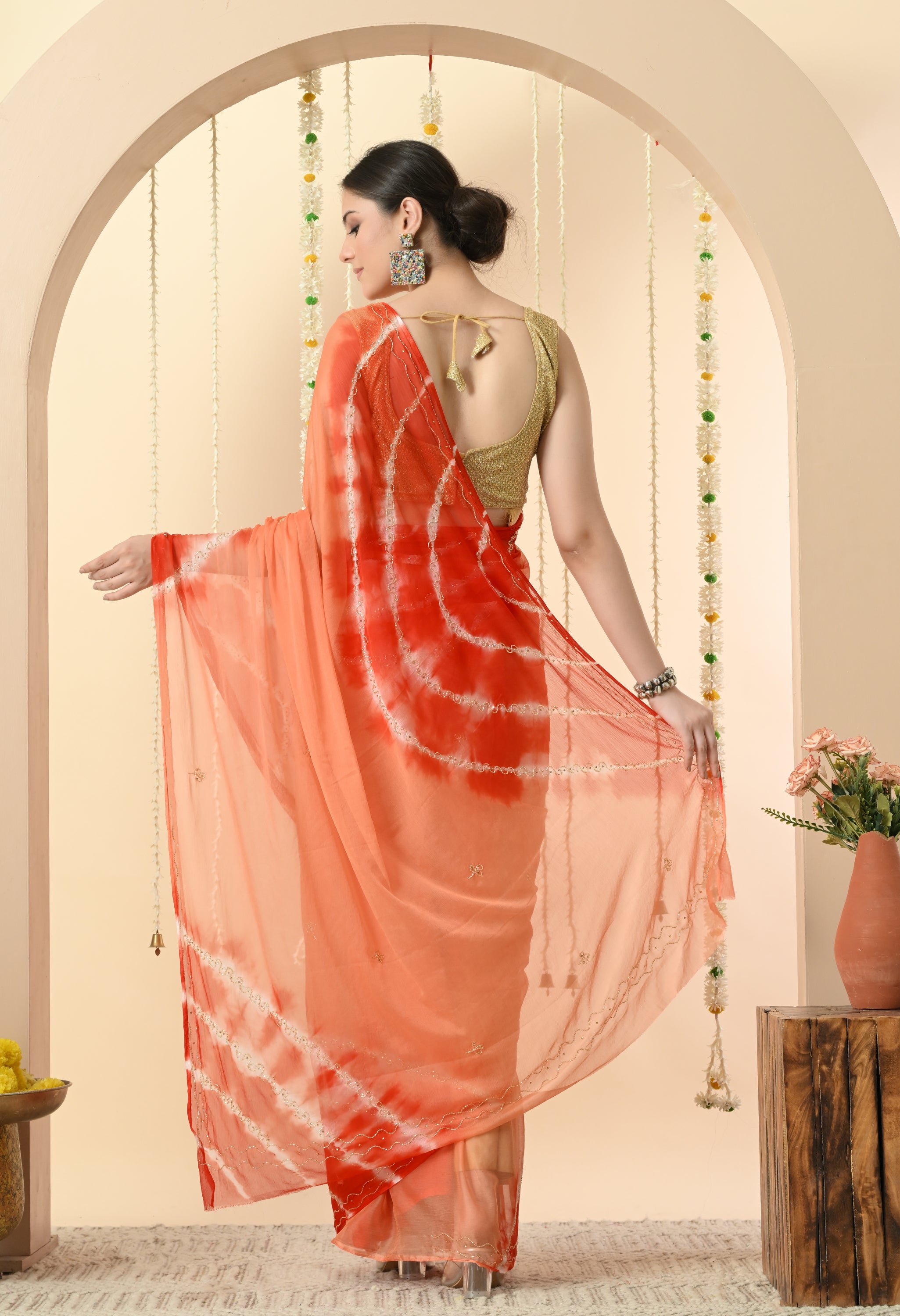 Albeli Sunset Orange Tie & Dye Chiffon Saree