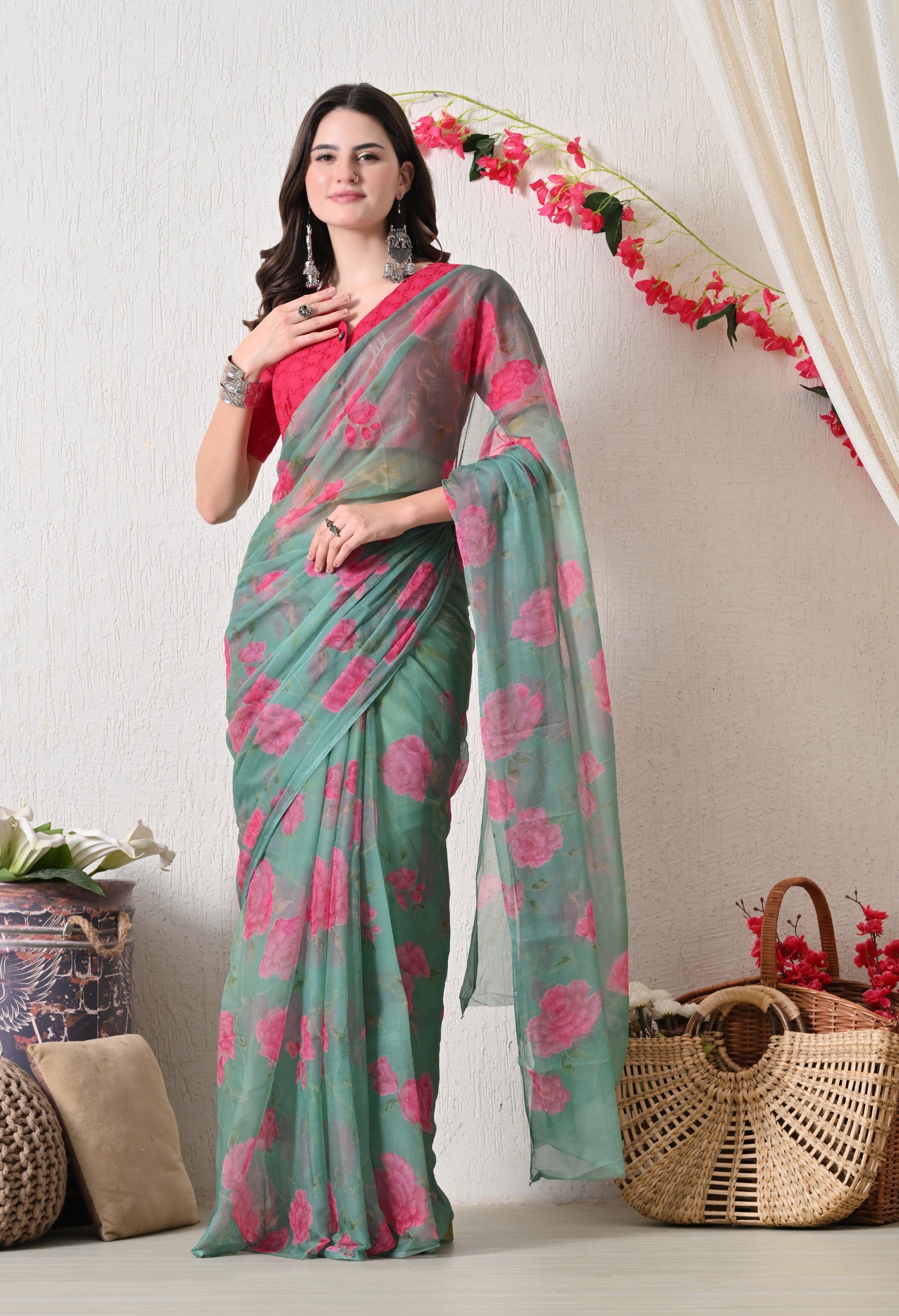 Fountain Green Floral Printed Chiffon Saree