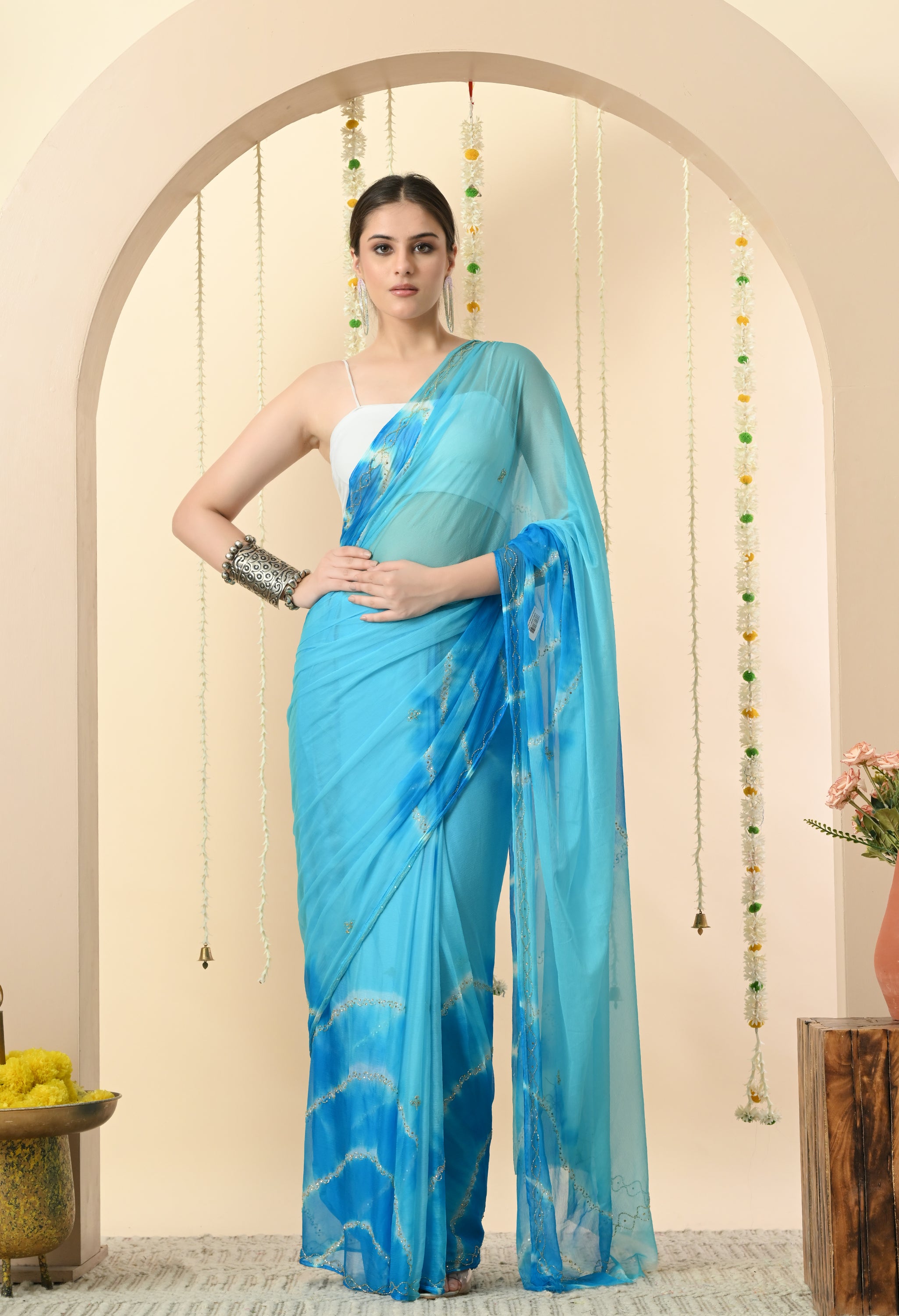 Albeli Aqua Firozi Tie & Dye Chiffon Saree