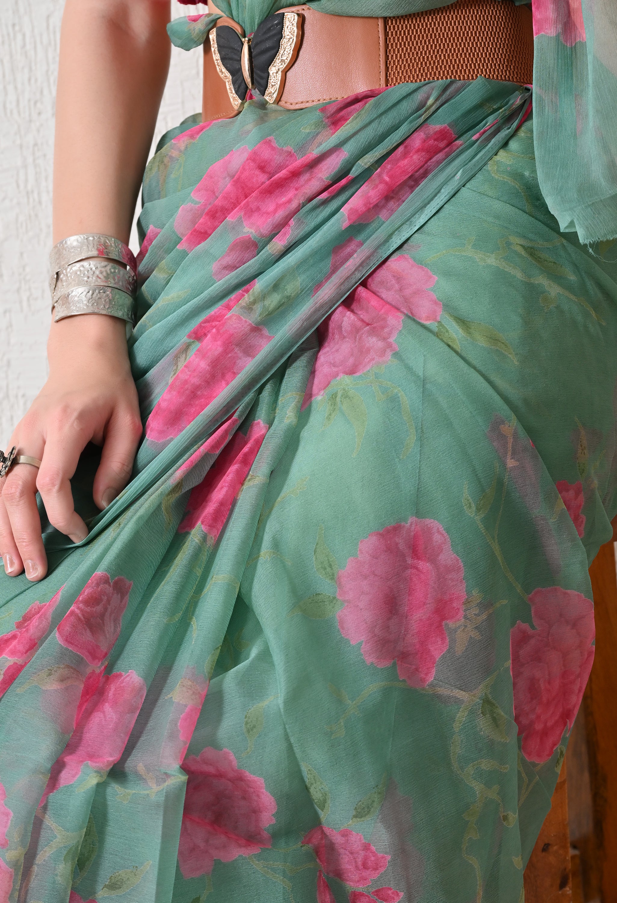Fountain Green Floral Printed Chiffon Saree
