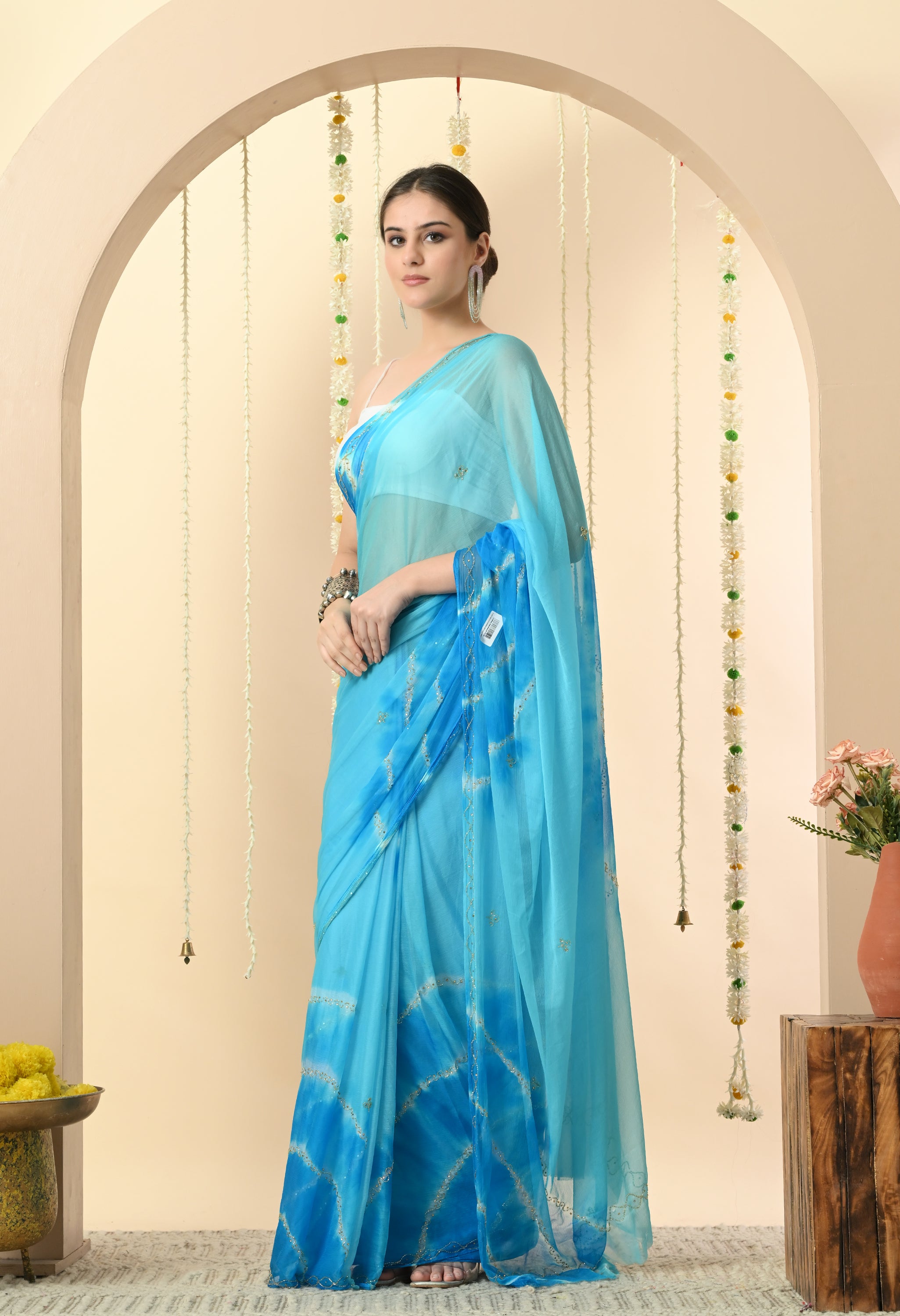 Albeli Aqua Firozi Tie & Dye Chiffon Saree