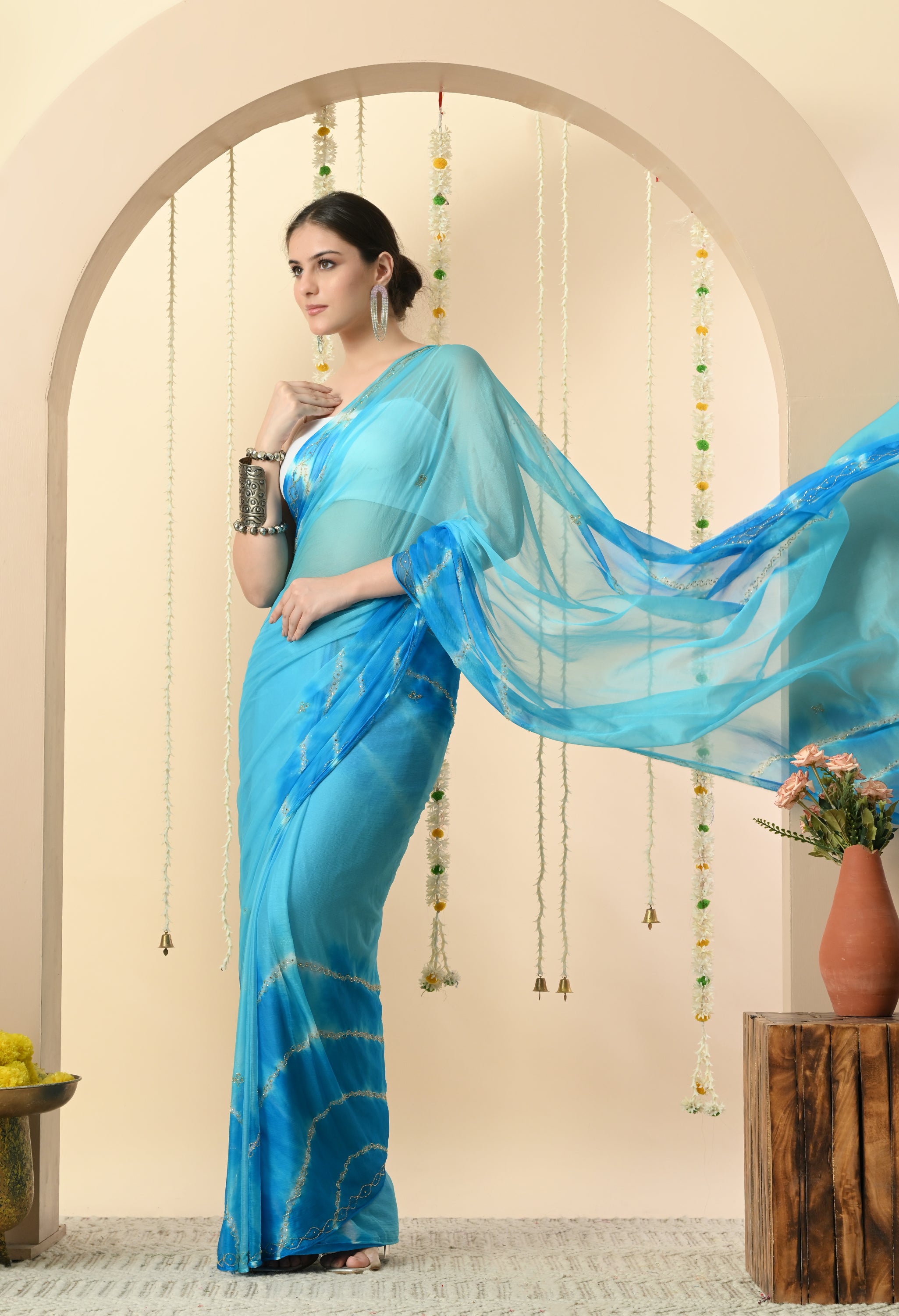 Albeli Aqua Firozi Tie & Dye Chiffon Saree