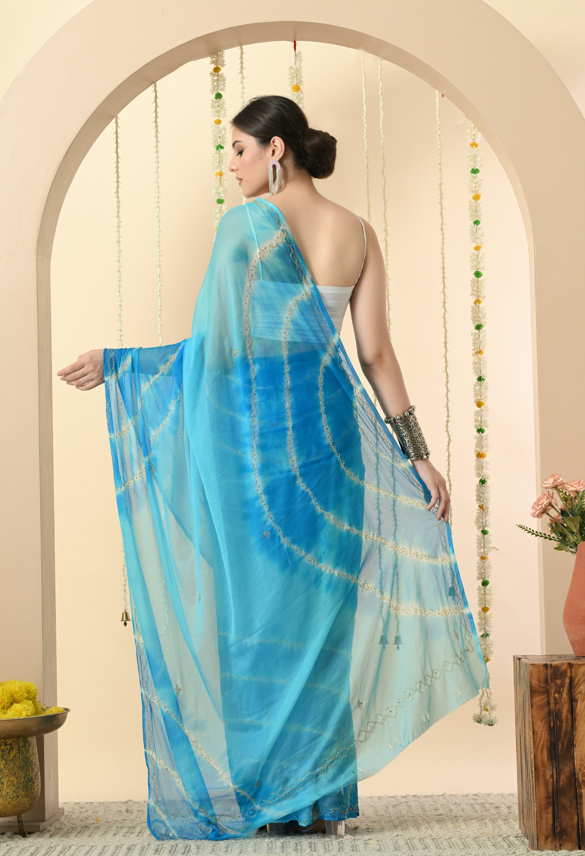 Albeli Aqua Firozi Tie & Dye Chiffon Saree