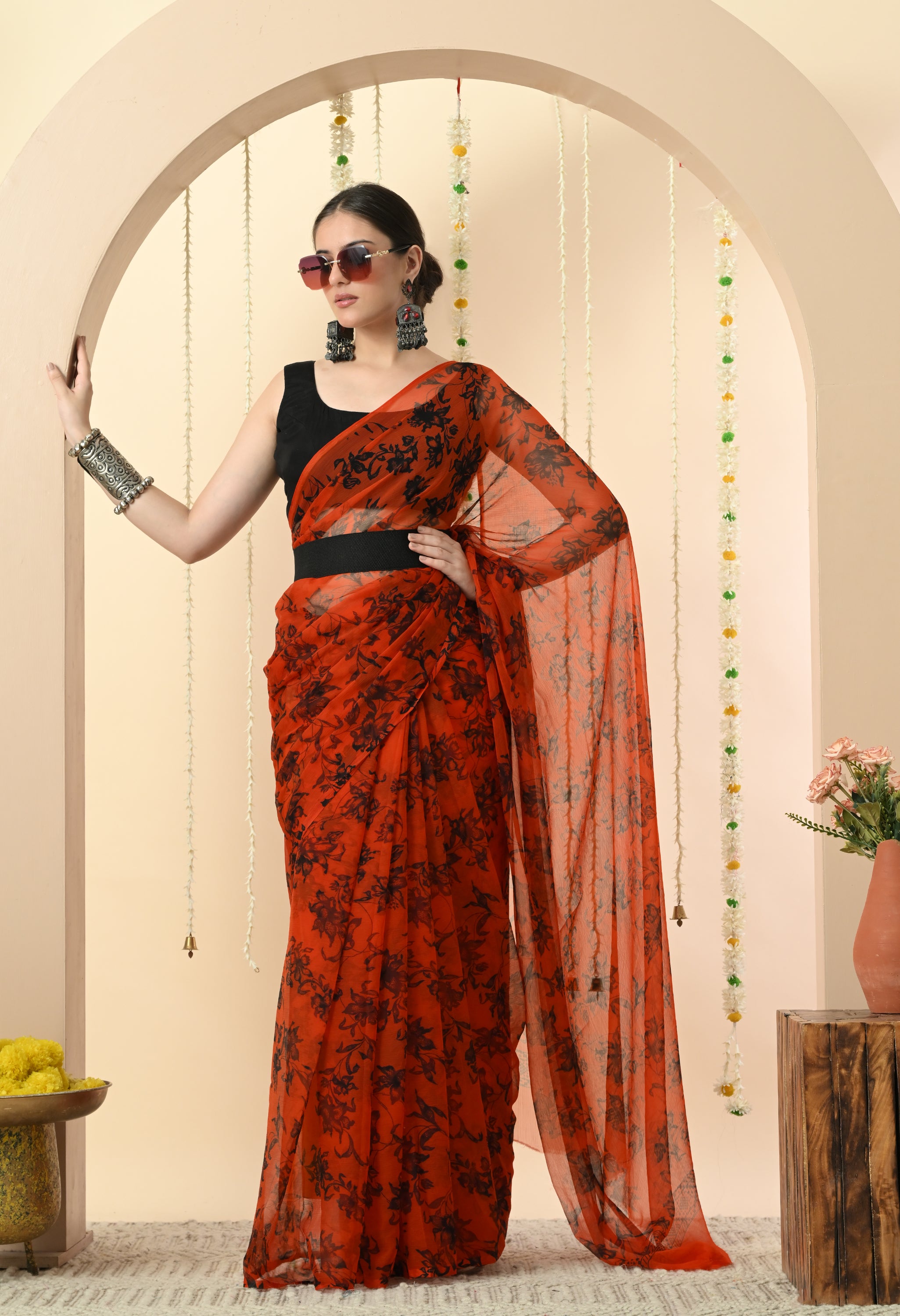 Printed Orange Chiffon Saree