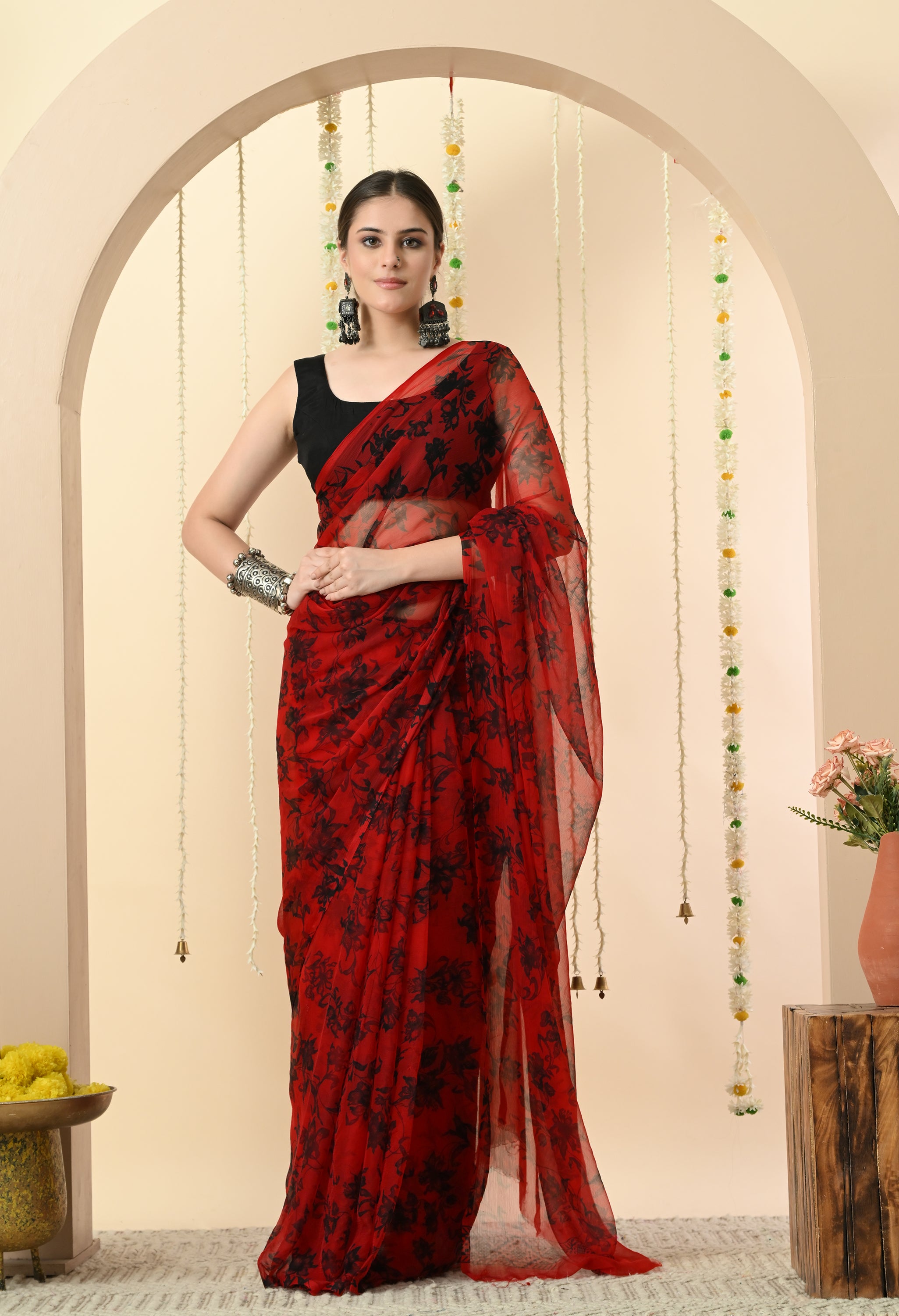 Printed Red Chiffon Saree