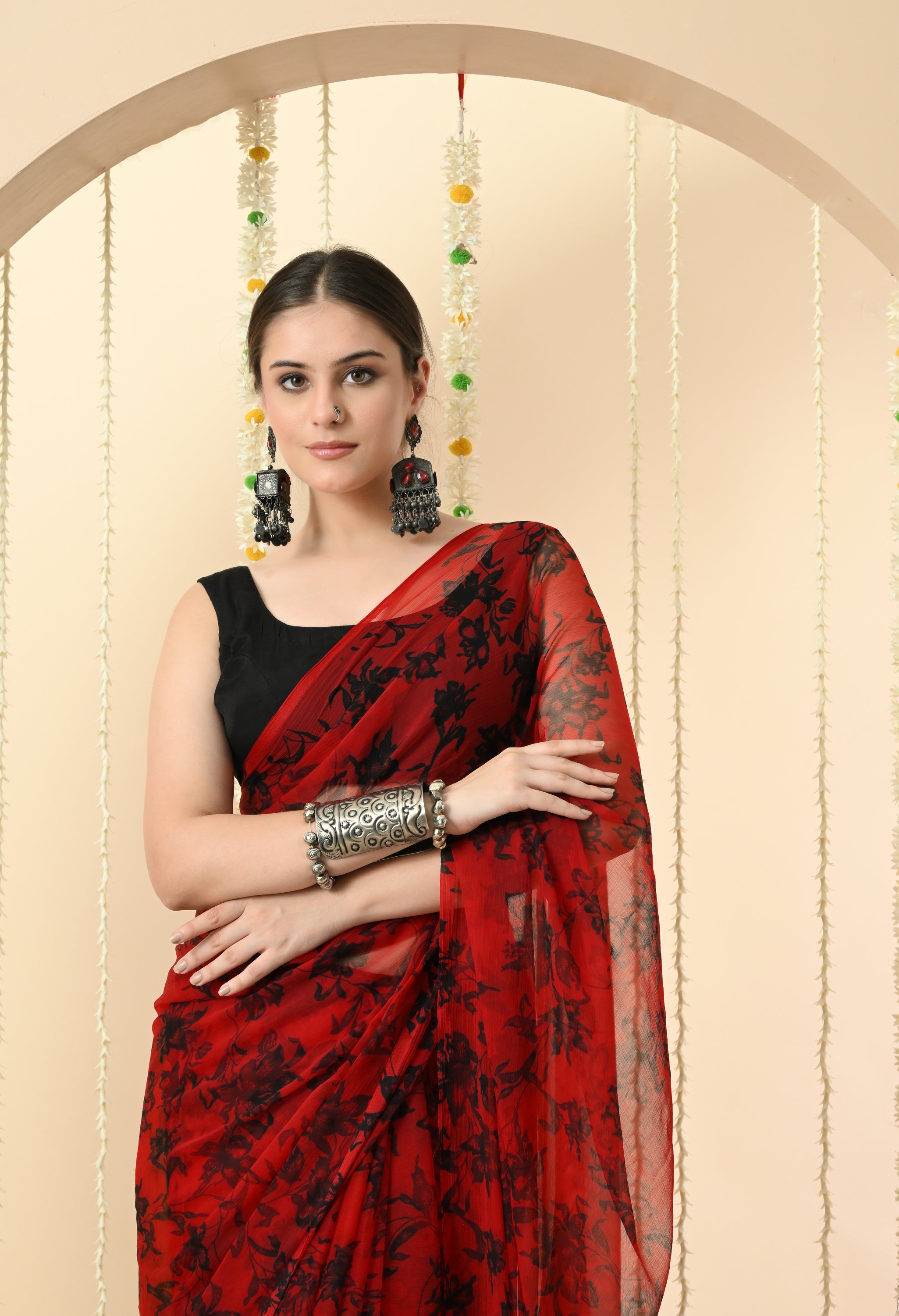 Printed Red Chiffon Saree