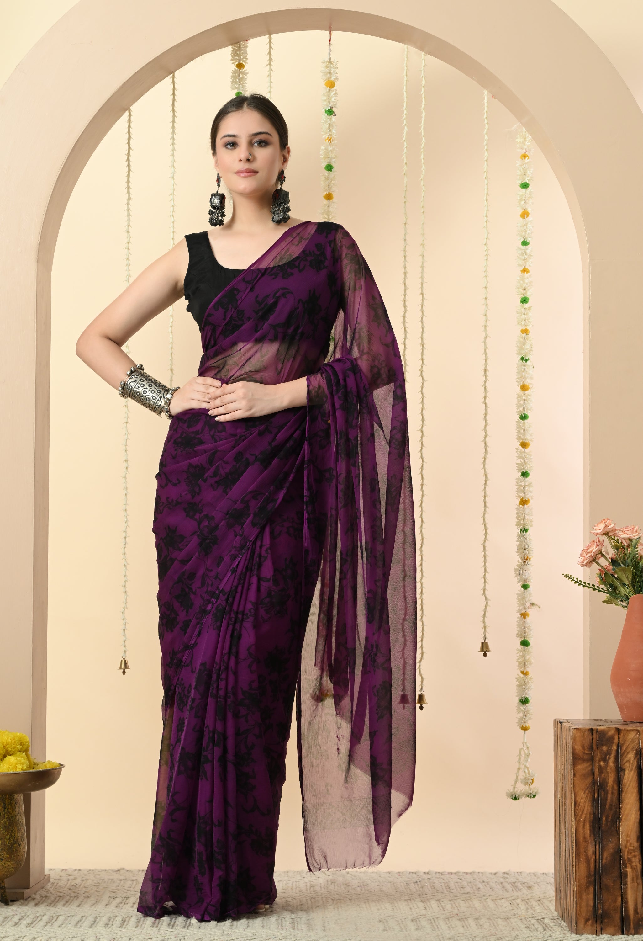 Printed Purple Chiffon Saree