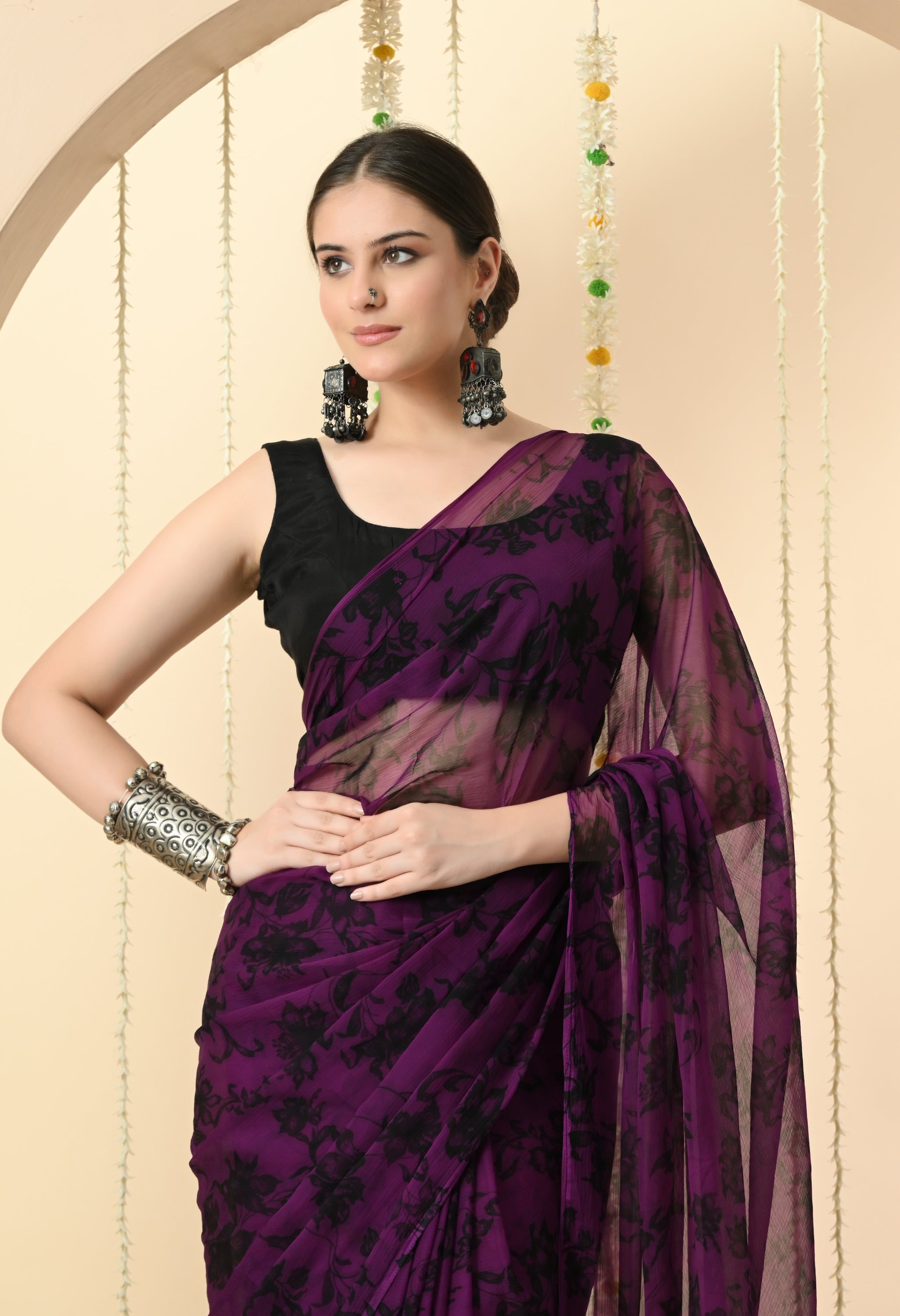 Printed Purple Chiffon Saree