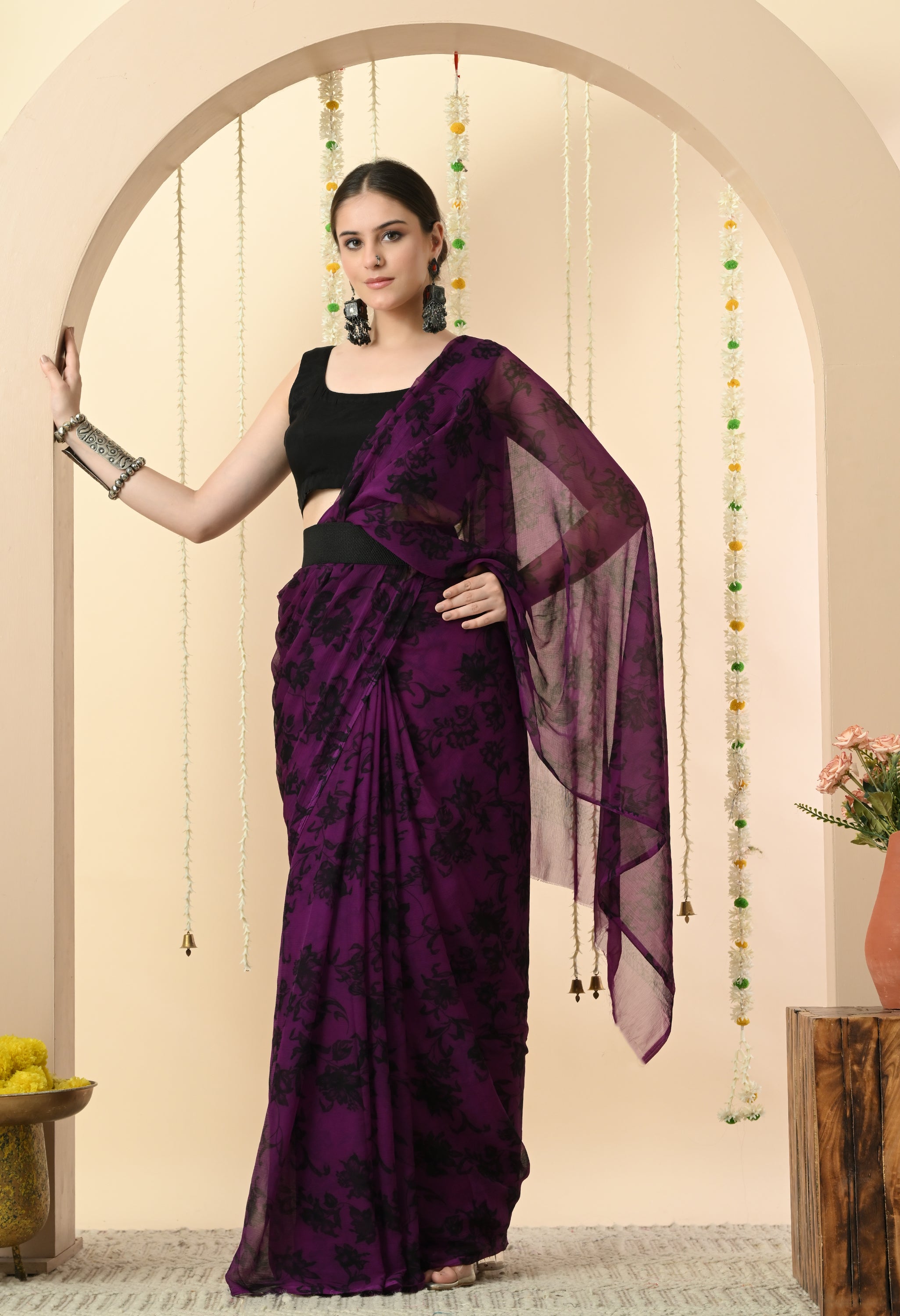 Printed Purple Chiffon Saree