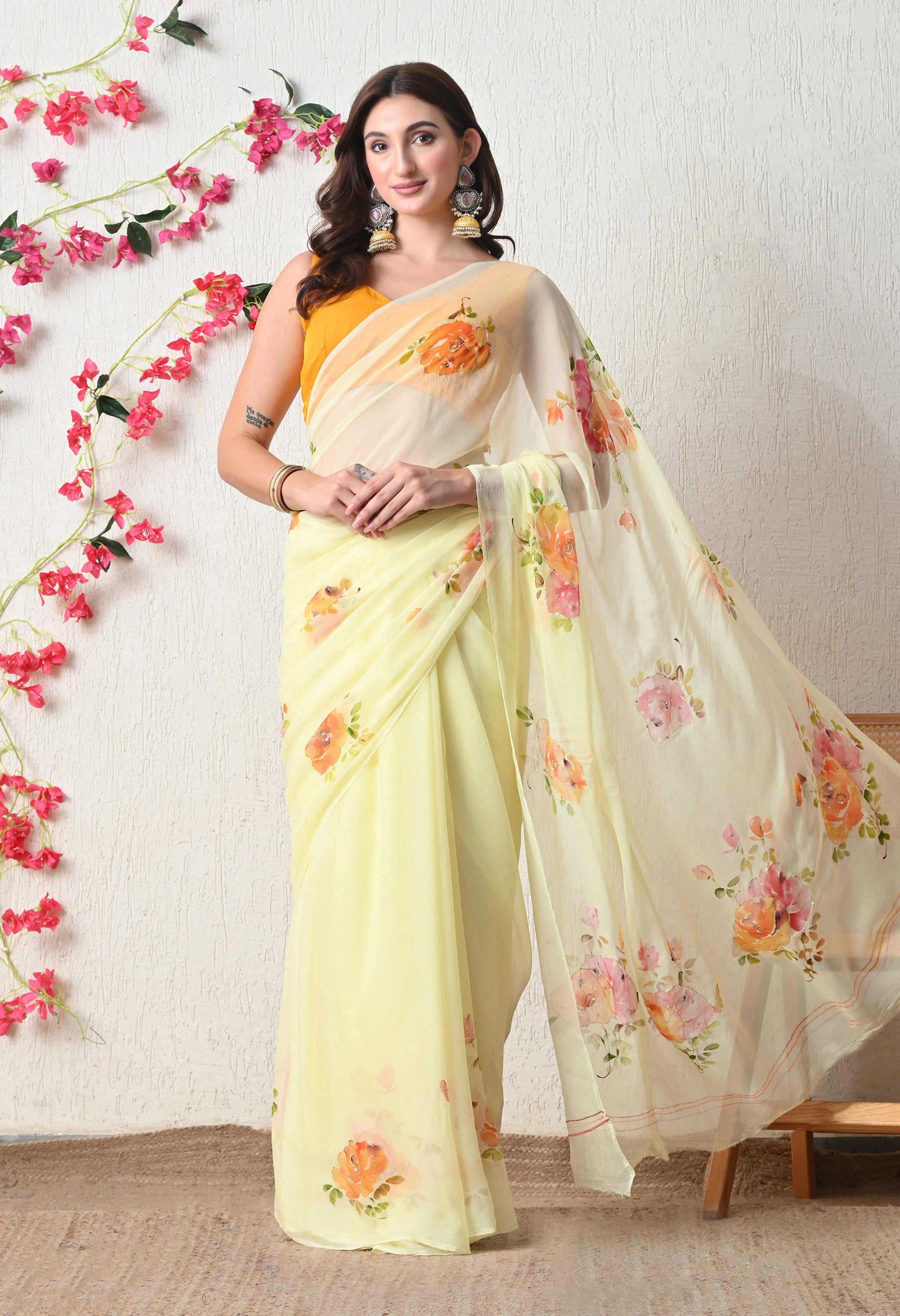 Sunlit Bloom Handpainted Pure Chiffon Saree