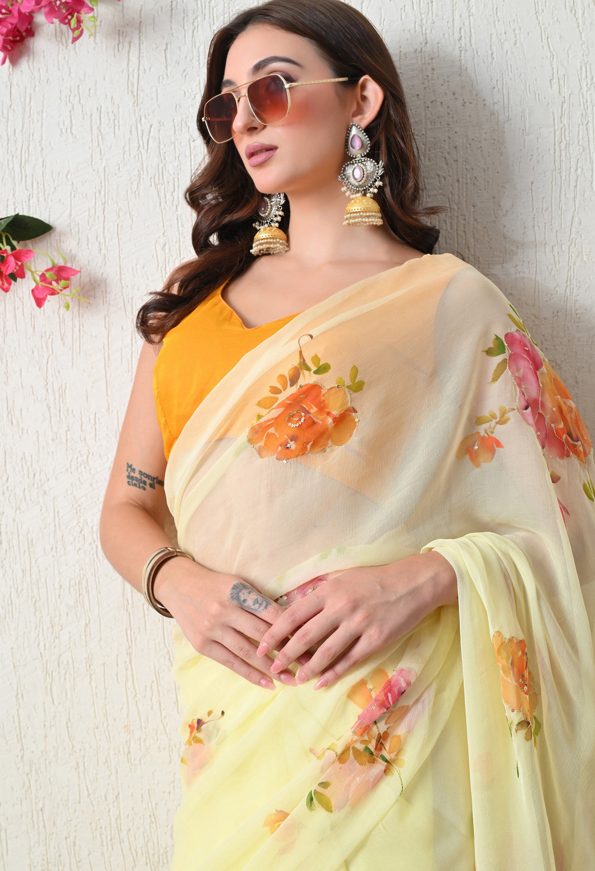 Sunlit Bloom Handpainted Pure Chiffon Saree