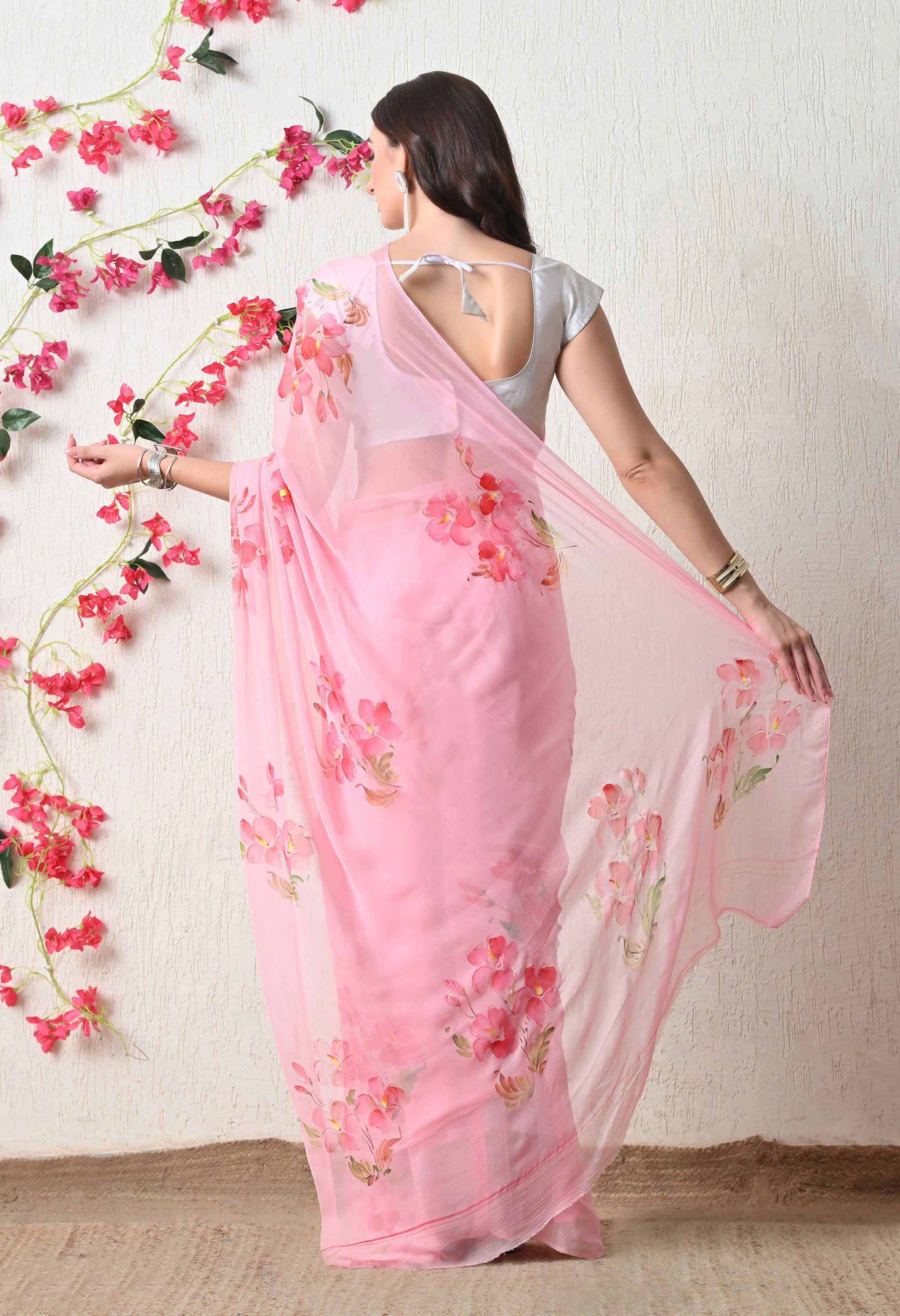 Blush Petal Floral Print Pure Chiffon Saree