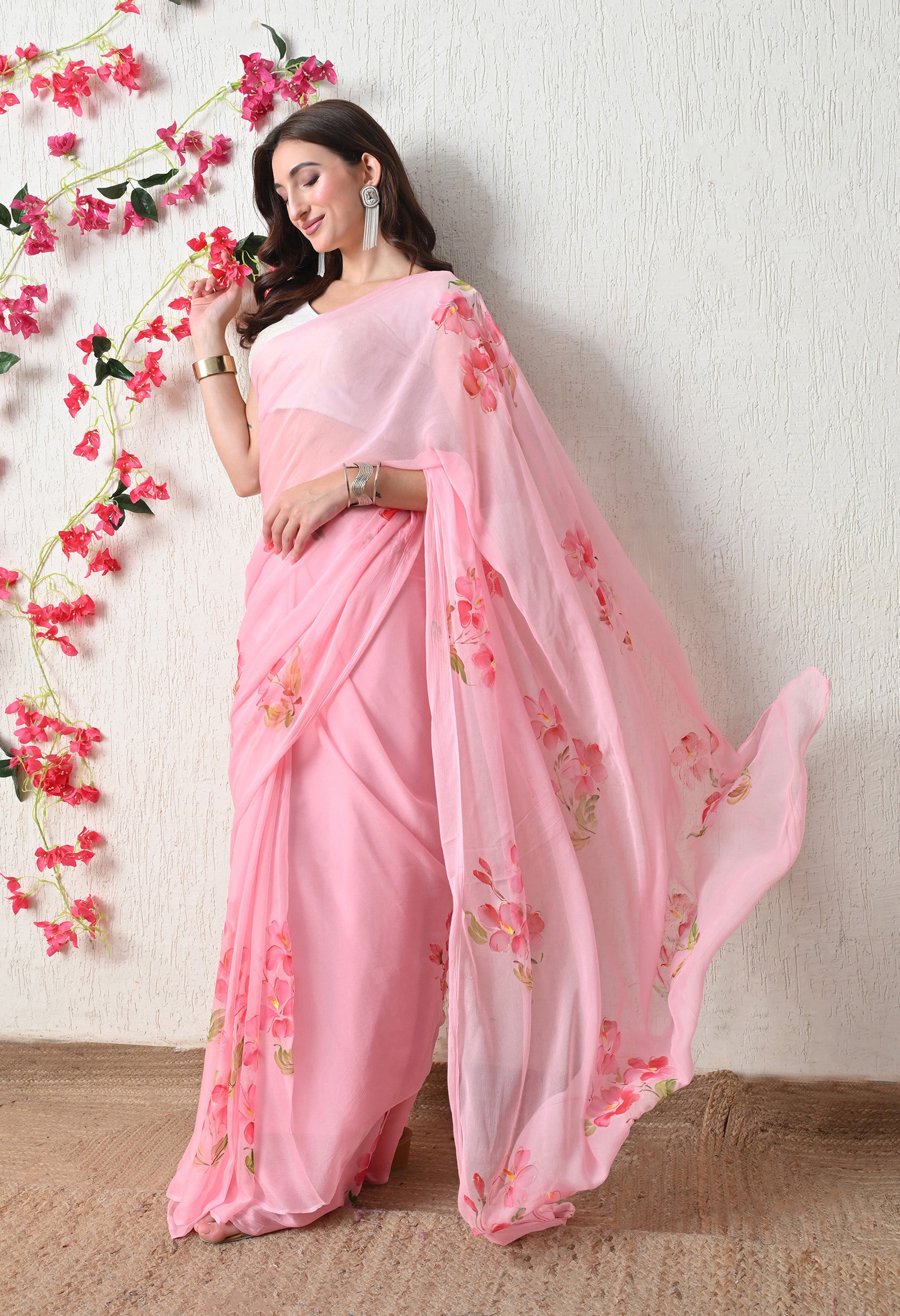 Blush Petal Floral Print Pure Chiffon Saree