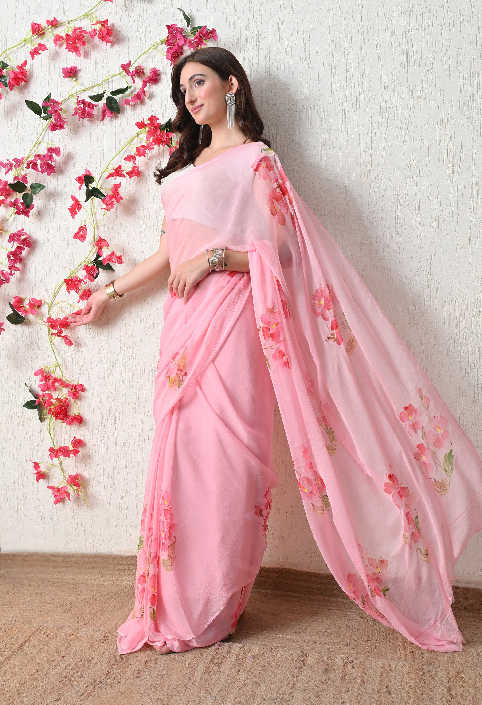 Blush Petal Floral Print Pure Chiffon Saree