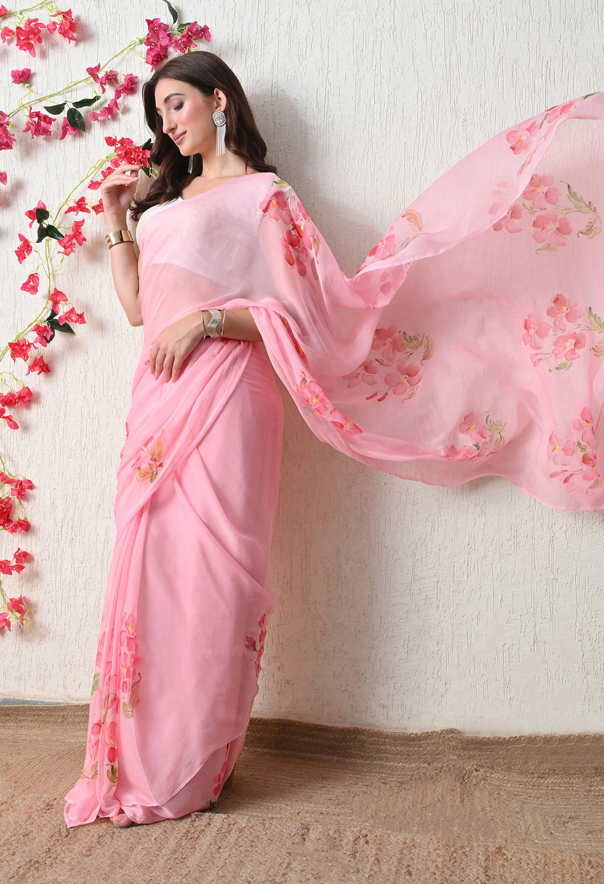 Blush Petal Floral Print Pure Chiffon Saree
