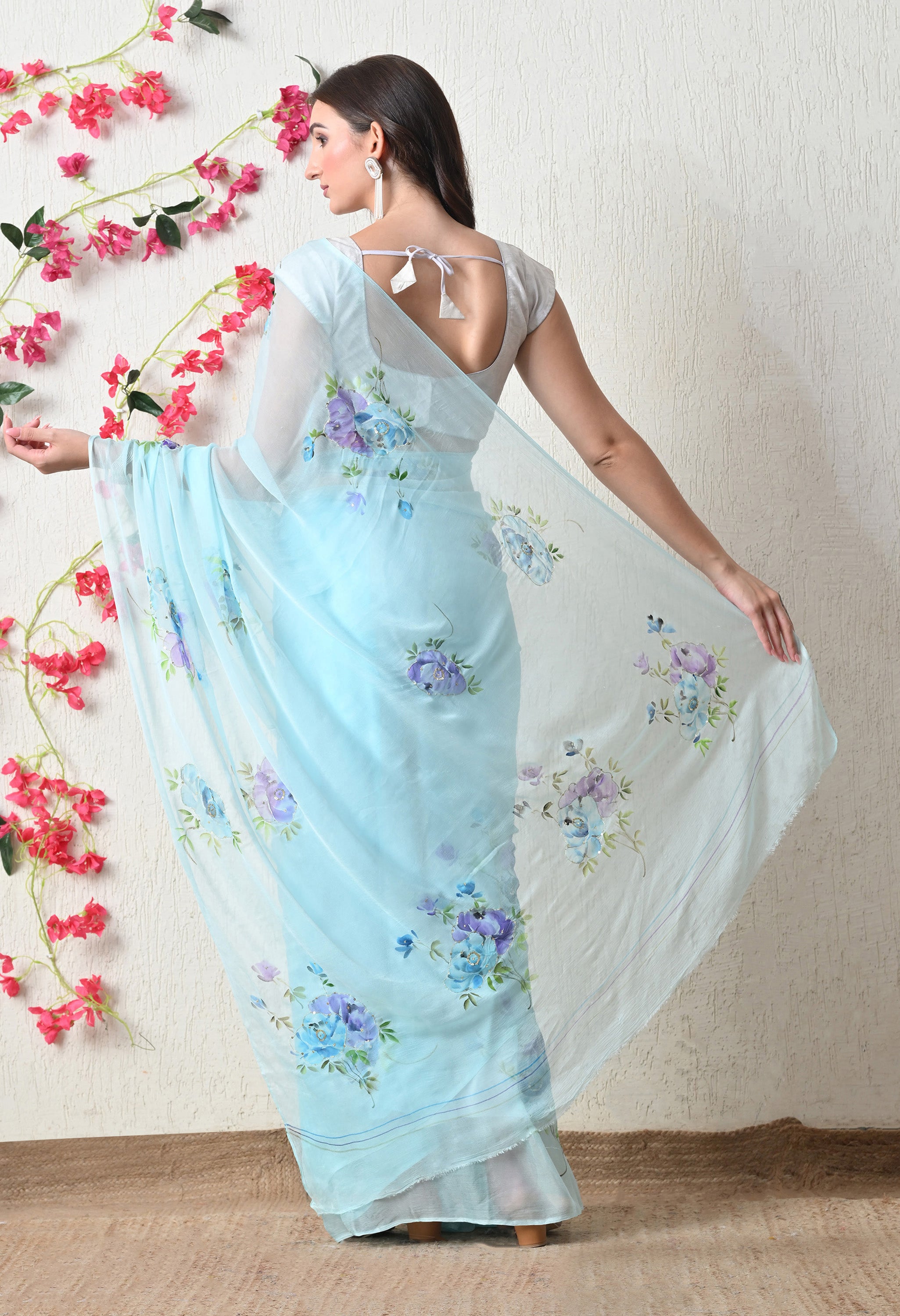 Aqua Whisper Bloom Pure Chiffon Saree