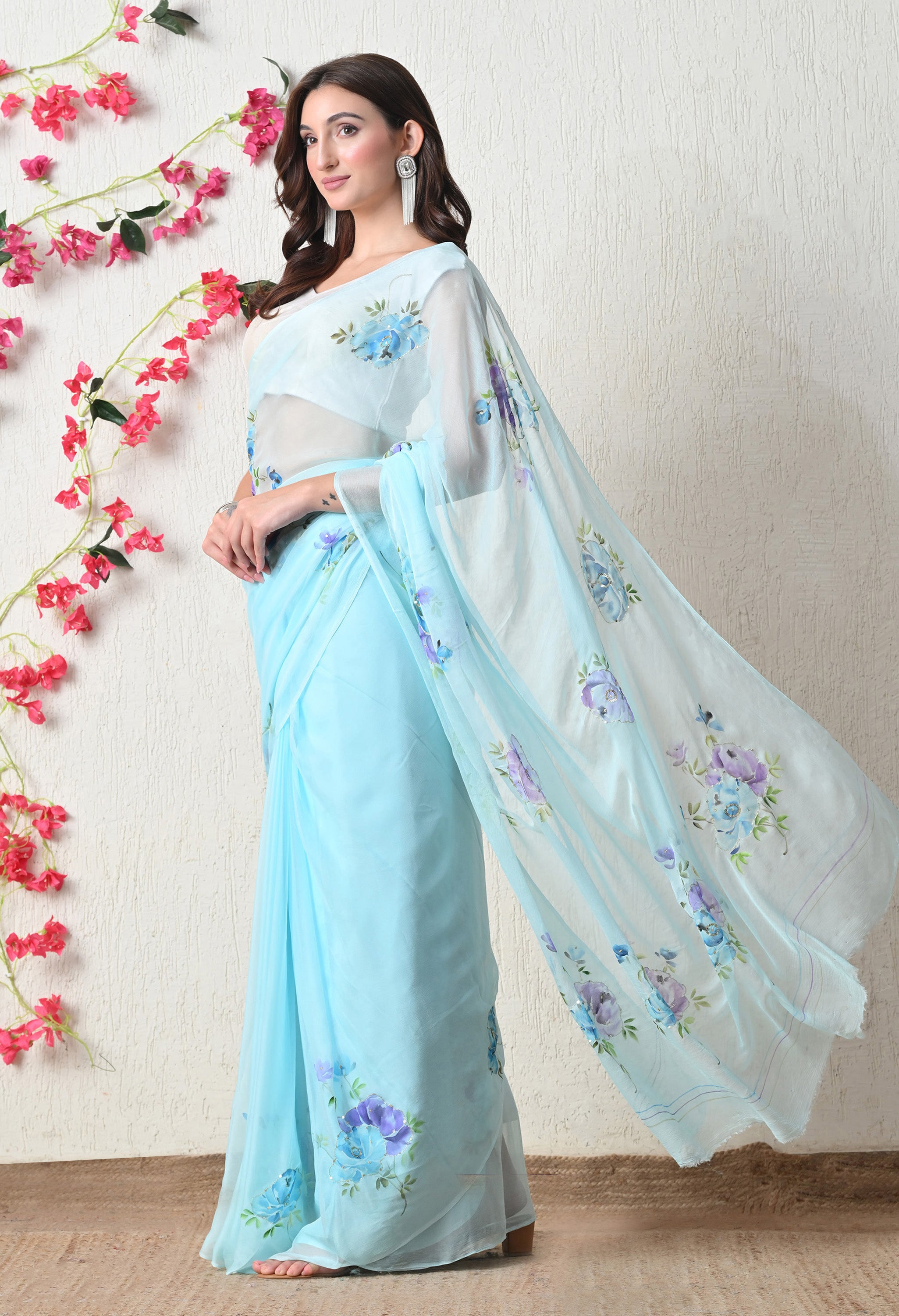 Aqua Whisper Bloom Pure Chiffon Saree