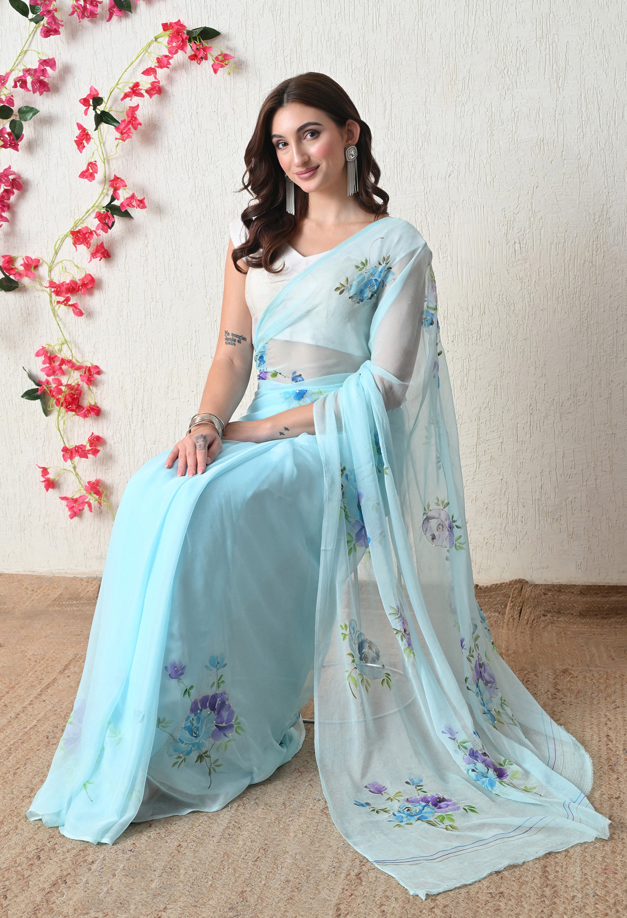Aqua Whisper Bloom Pure Chiffon Saree