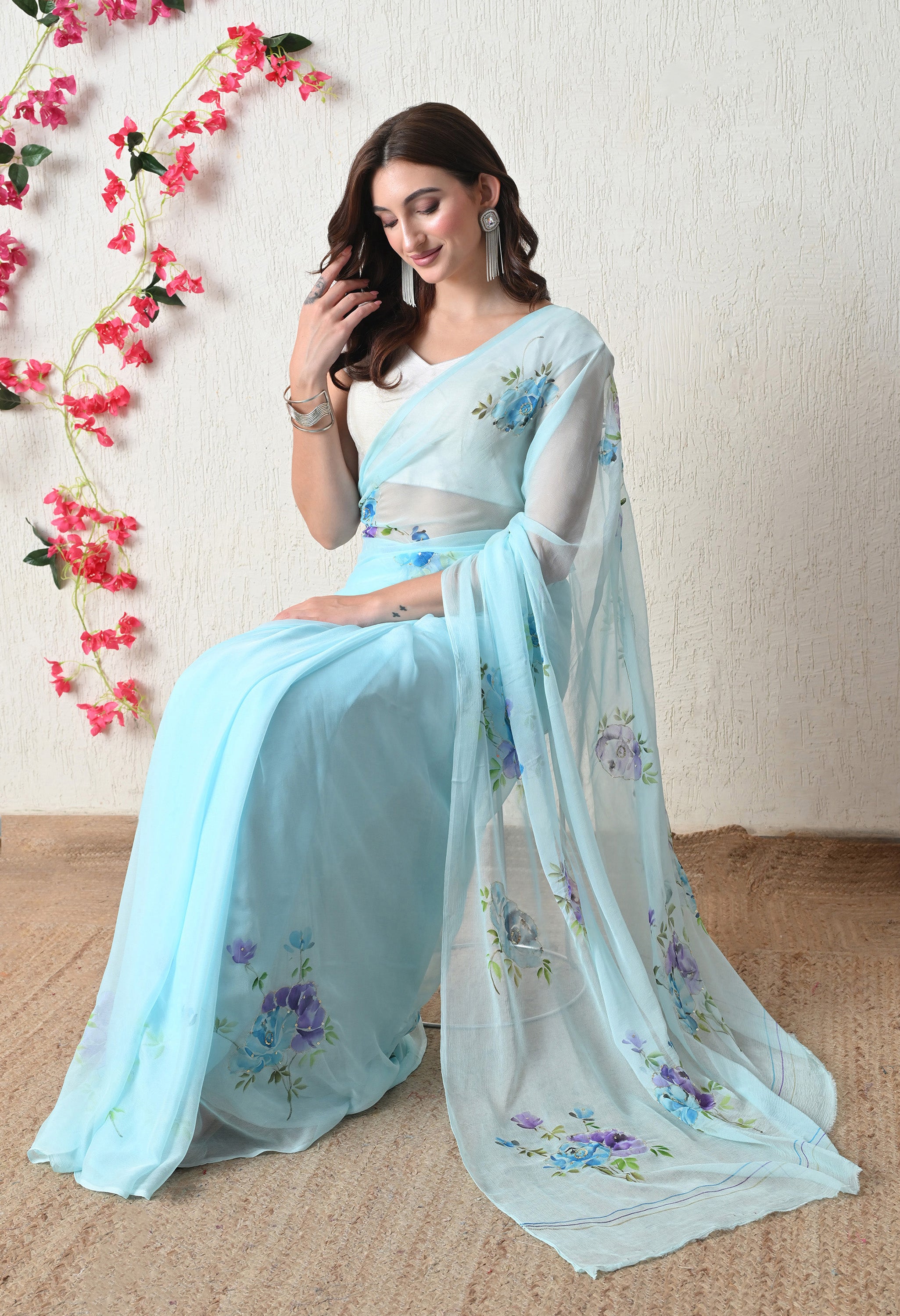 Aqua Whisper Bloom Pure Chiffon Saree