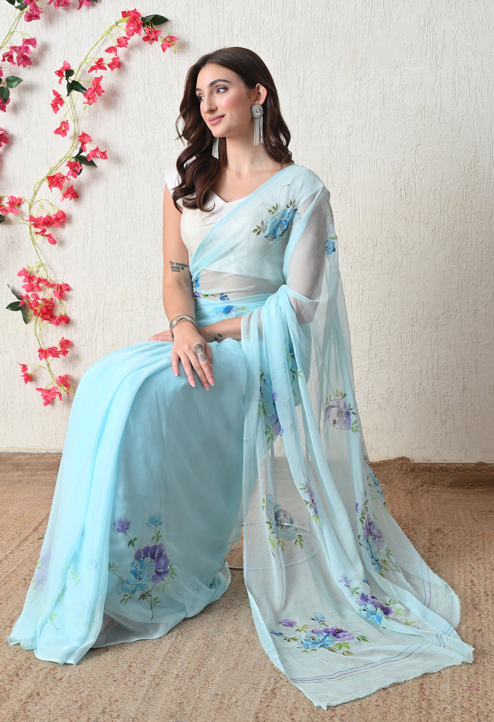 Aqua Whisper Bloom Pure Chiffon Saree