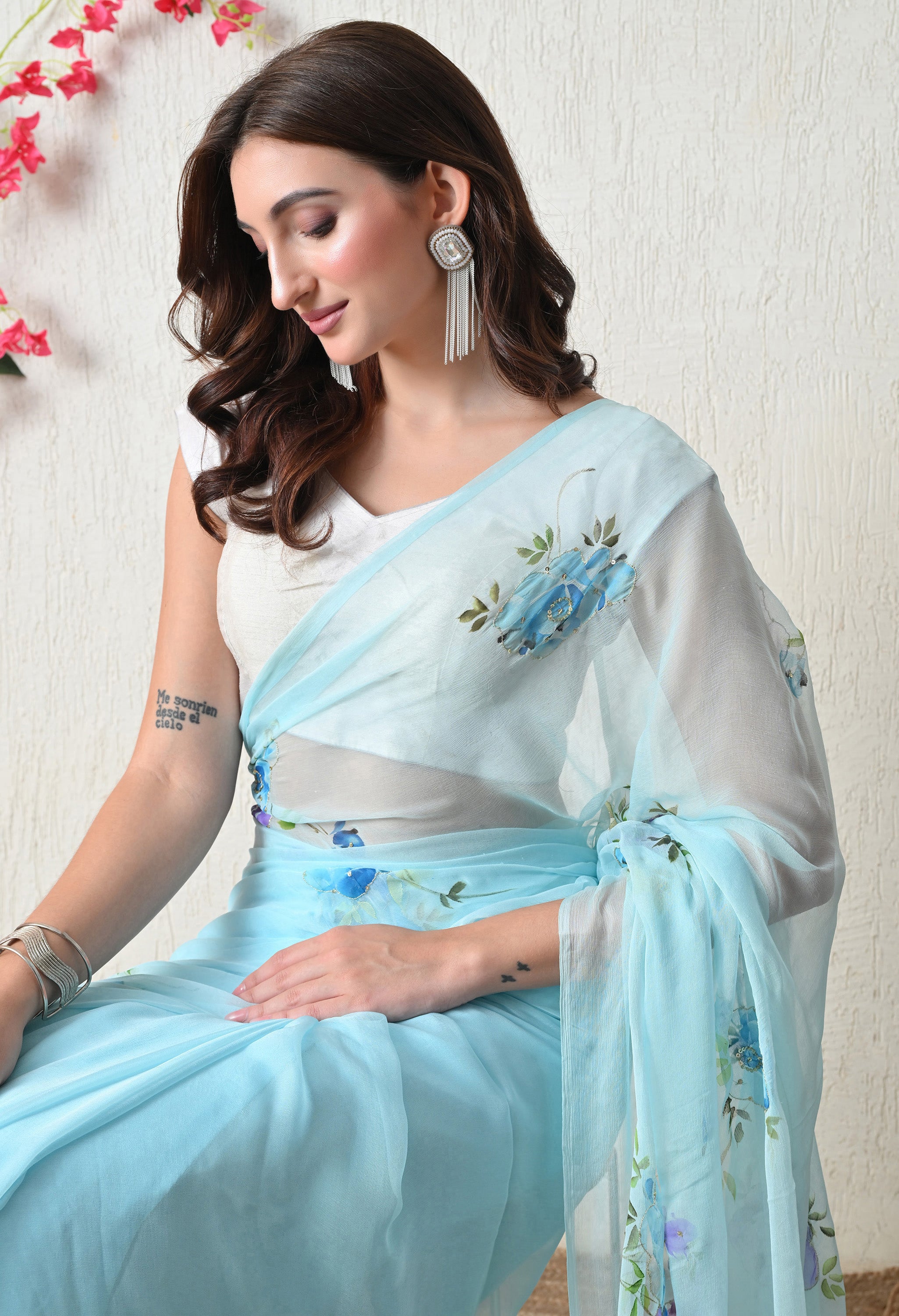 Aqua Whisper Bloom Pure Chiffon Saree