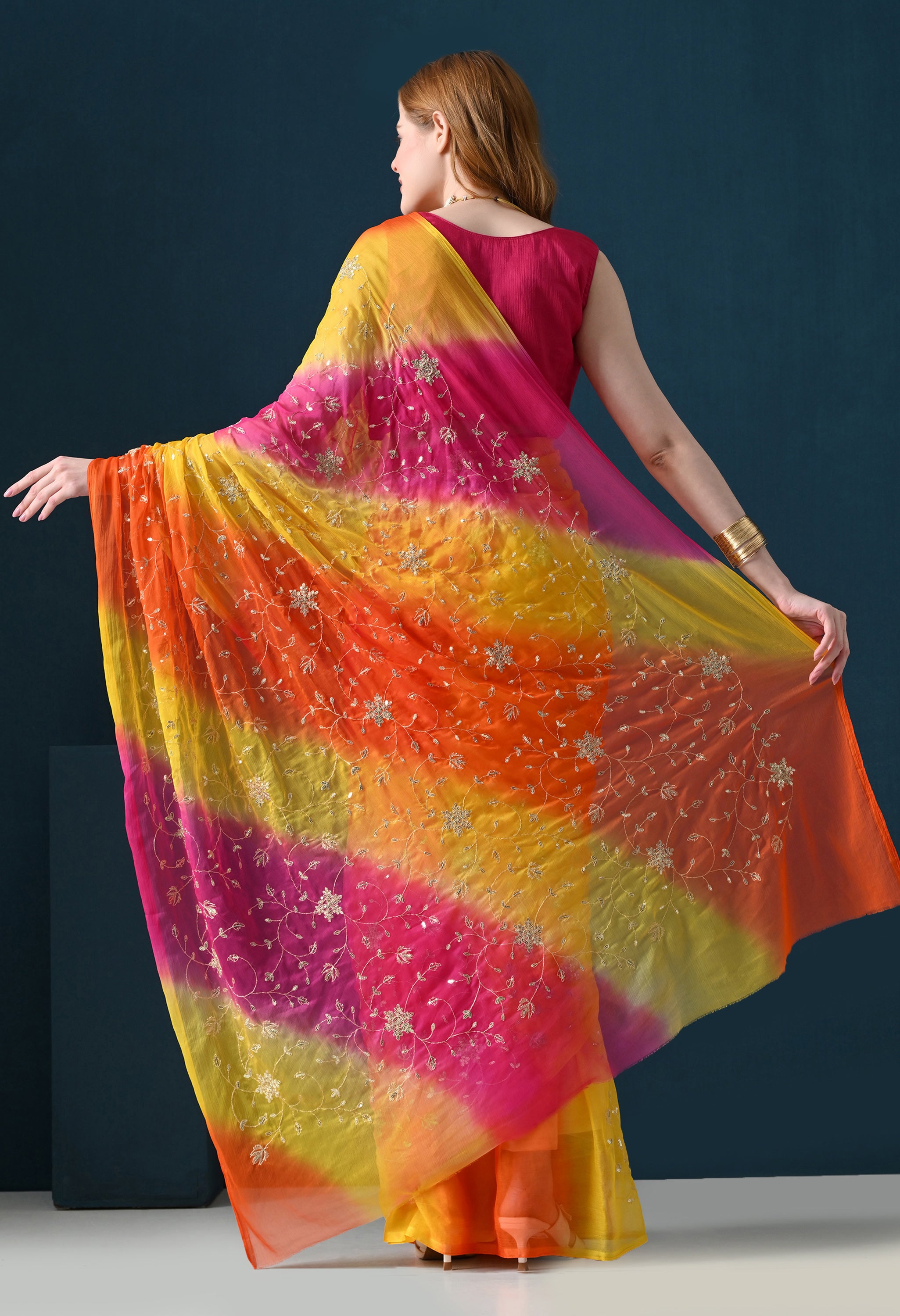Sundowner Multi Hue Tie & Dye Sequins Jaal Italian Chiffon Saree