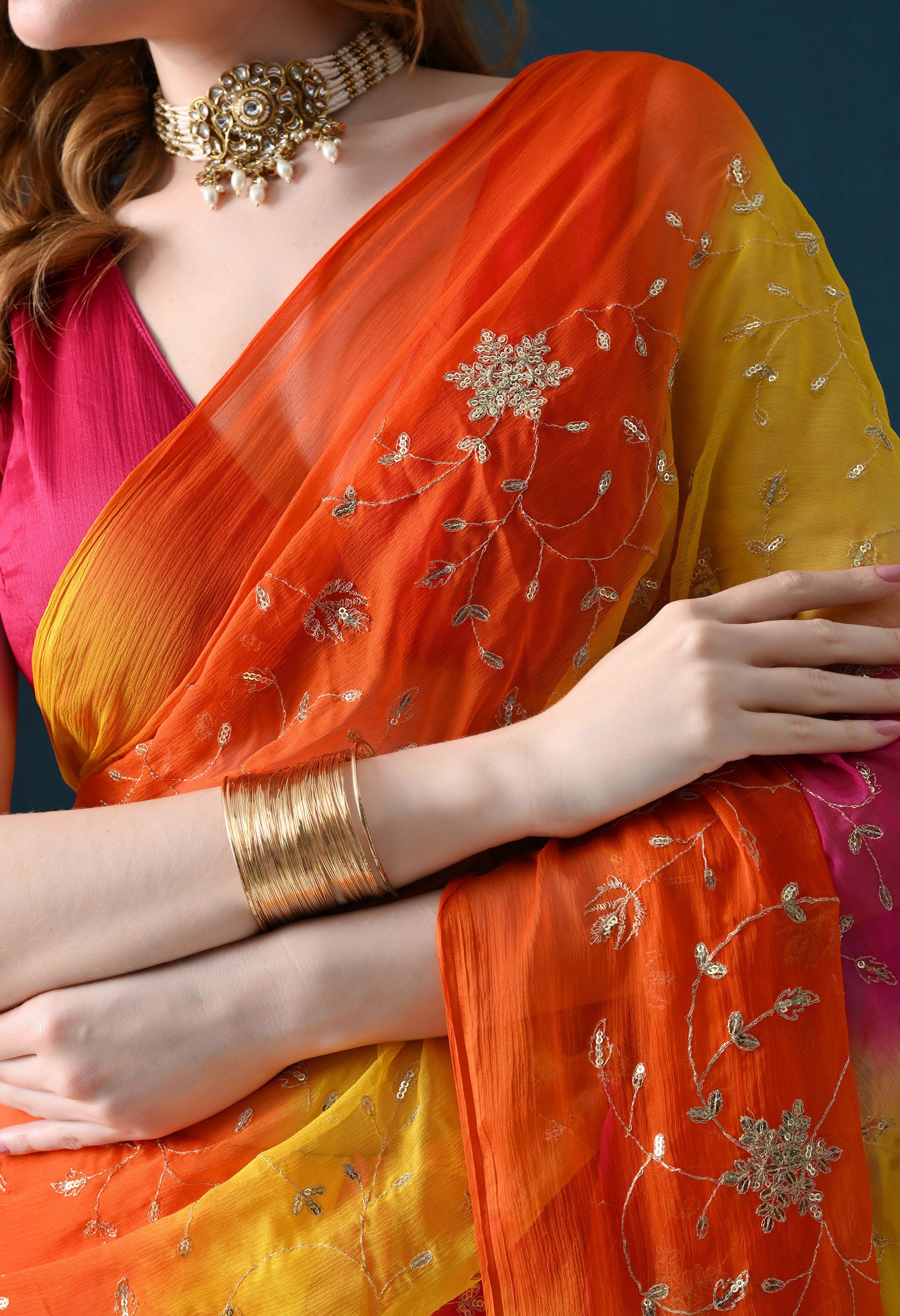 Sundowner Multi Hue Tie & Dye Sequins Jaal Italian Chiffon Saree