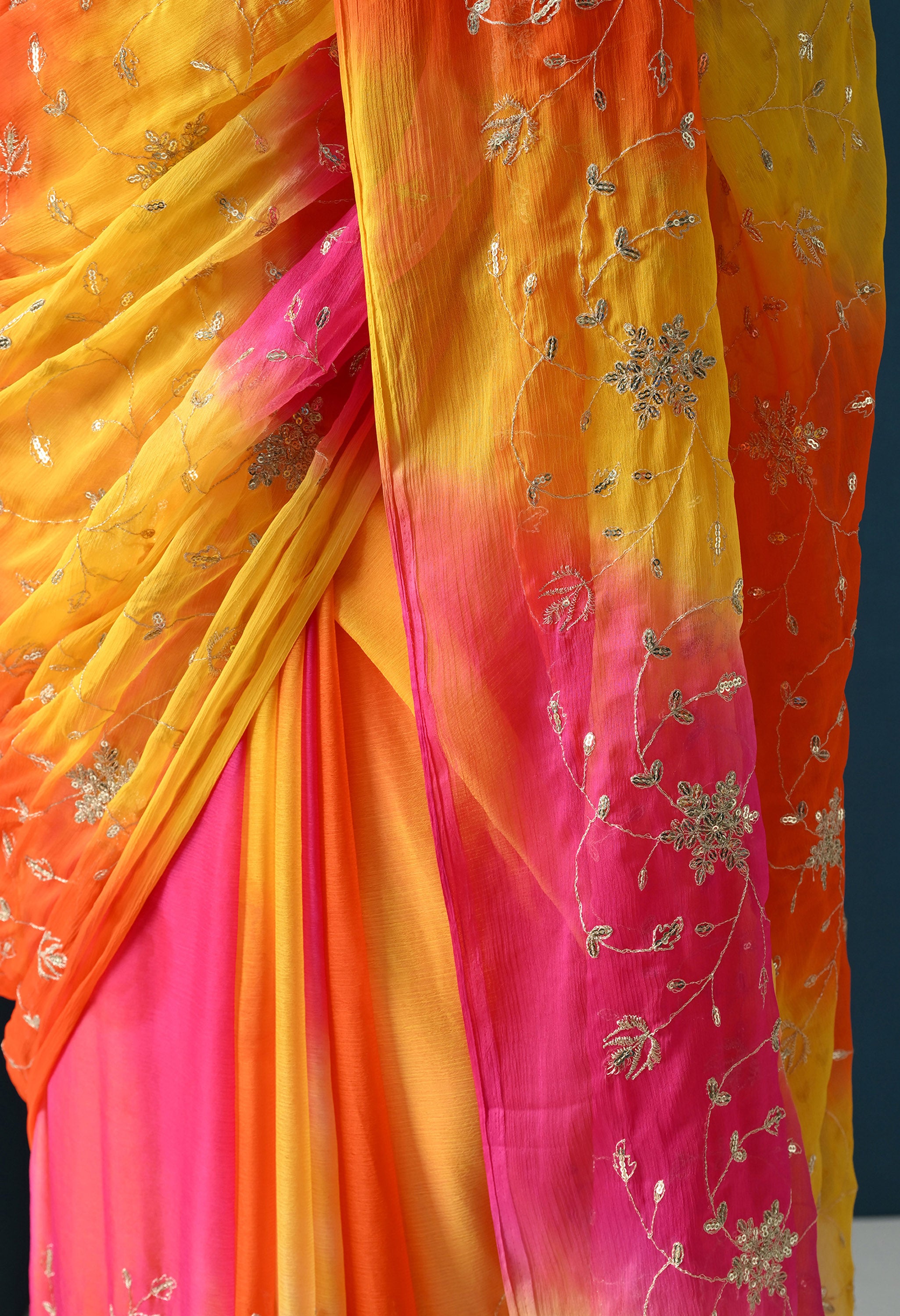 Sundowner Multi Hue Tie & Dye Sequins Jaal Italian Chiffon Saree