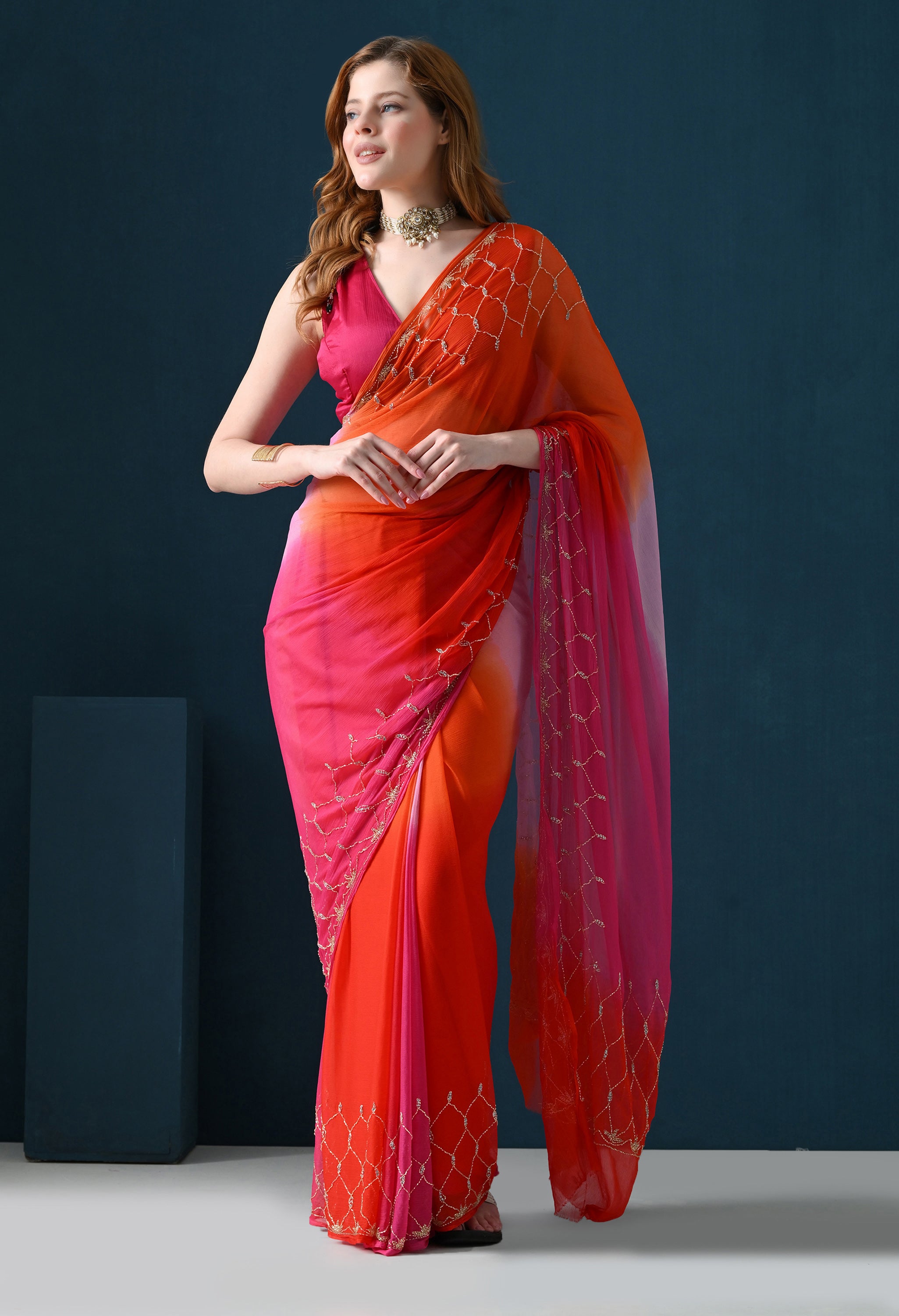 Pink Multi Hue Tie & Dye Cutdana Buta Italian Chiffon Saree