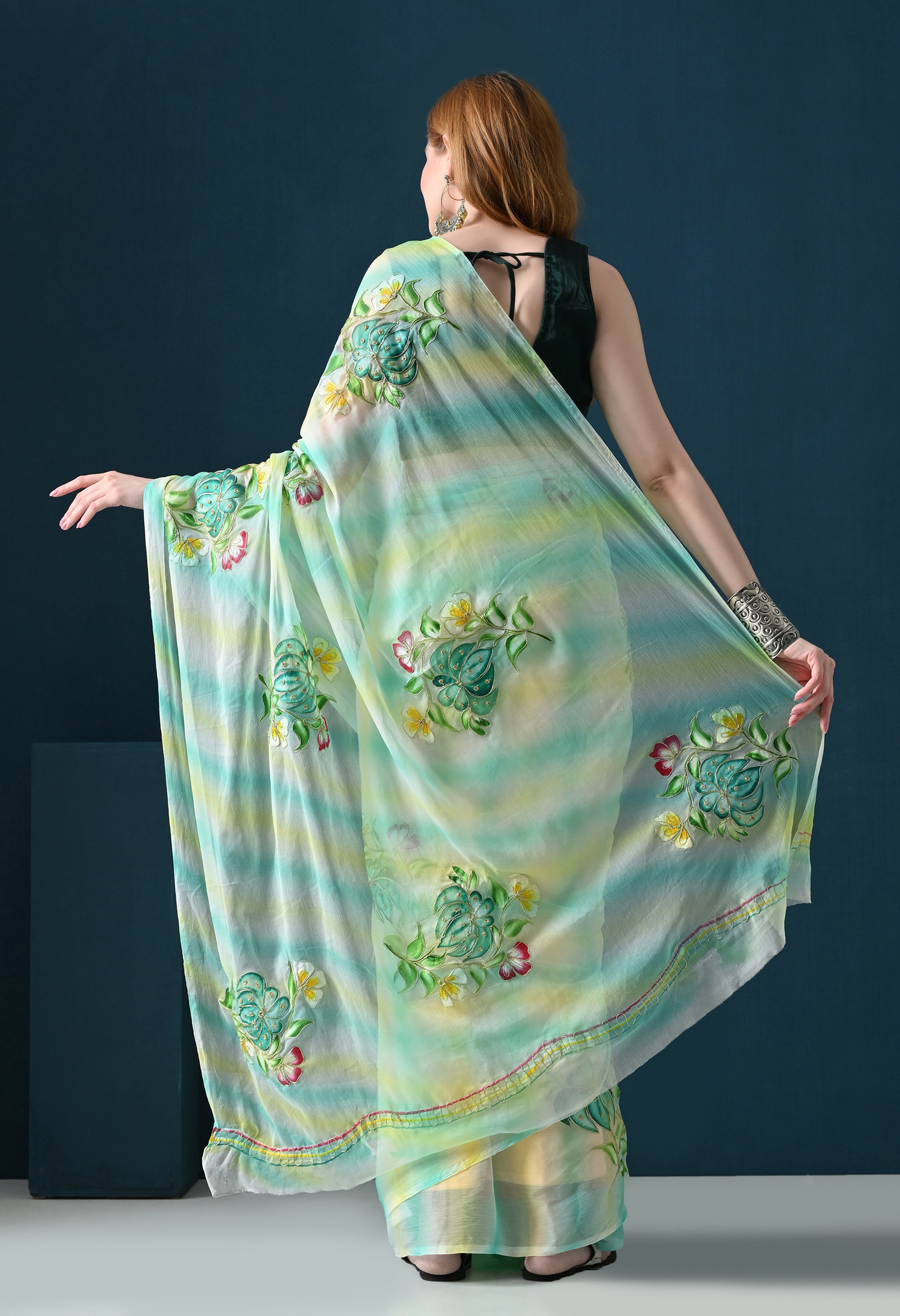 Mint Meadow Hand Painted Aari Work Chiffon Saree