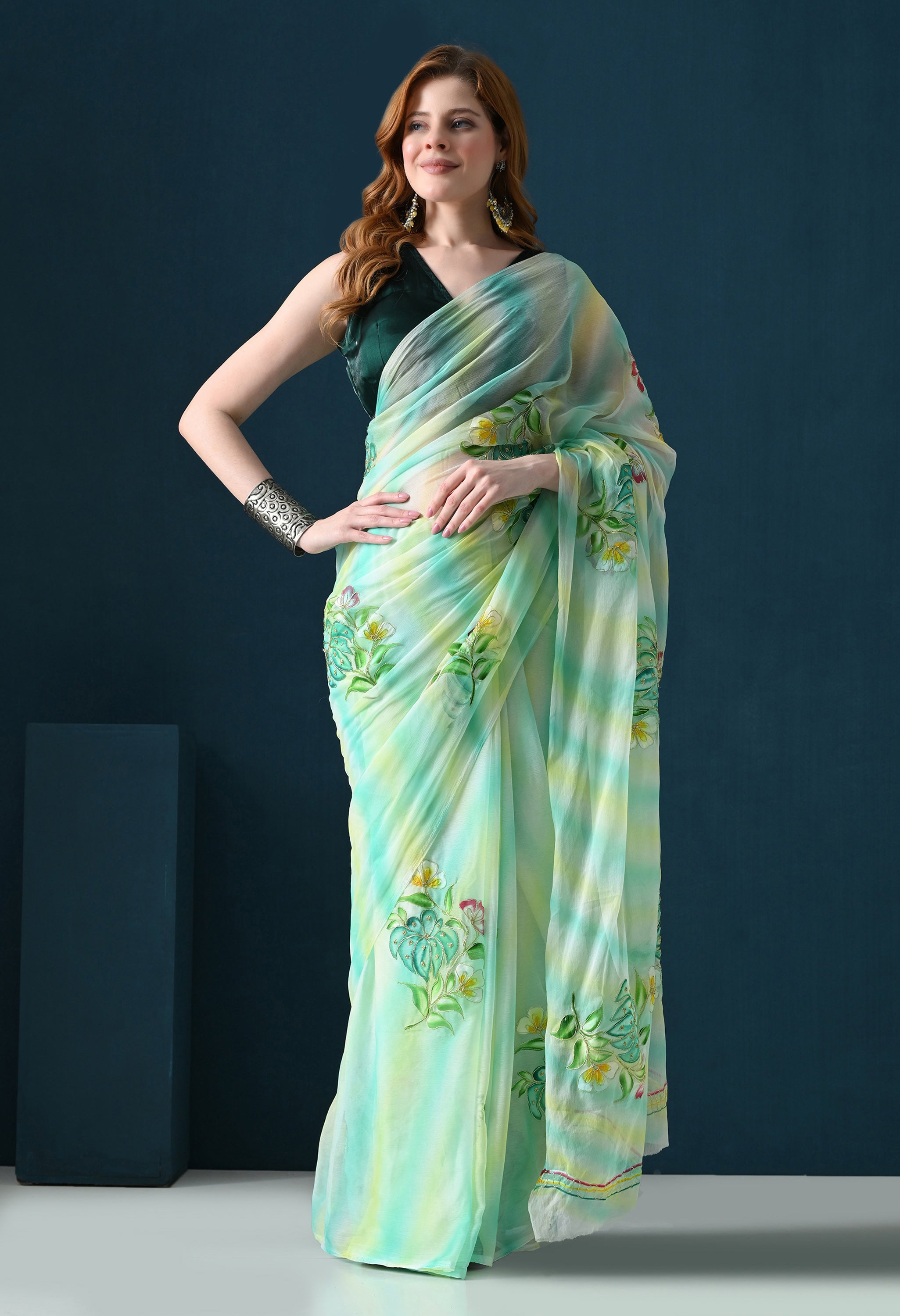 Mint Meadow Hand Painted Aari Work Chiffon Saree