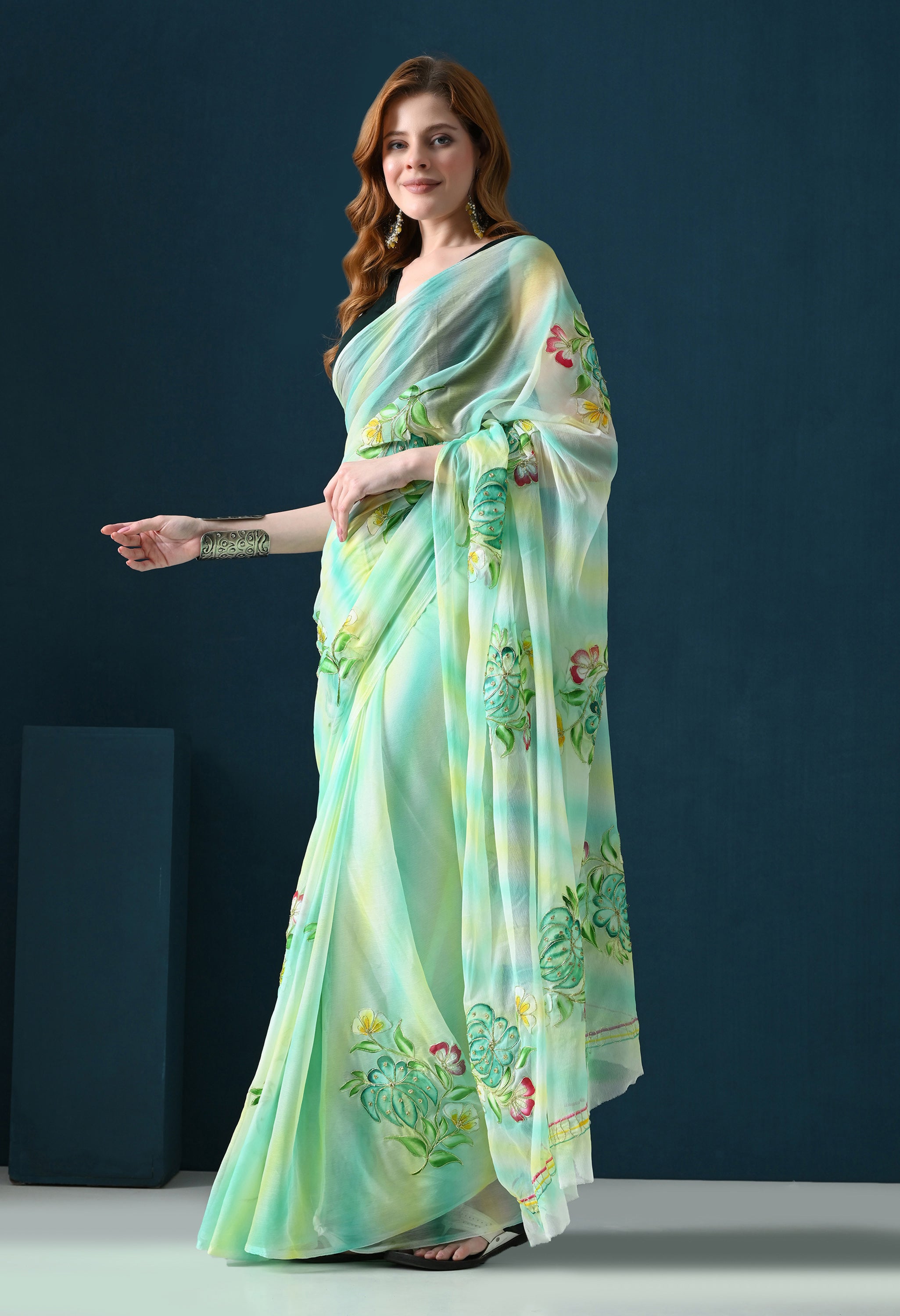 Mint Meadow Hand Painted Aari Work Chiffon Saree