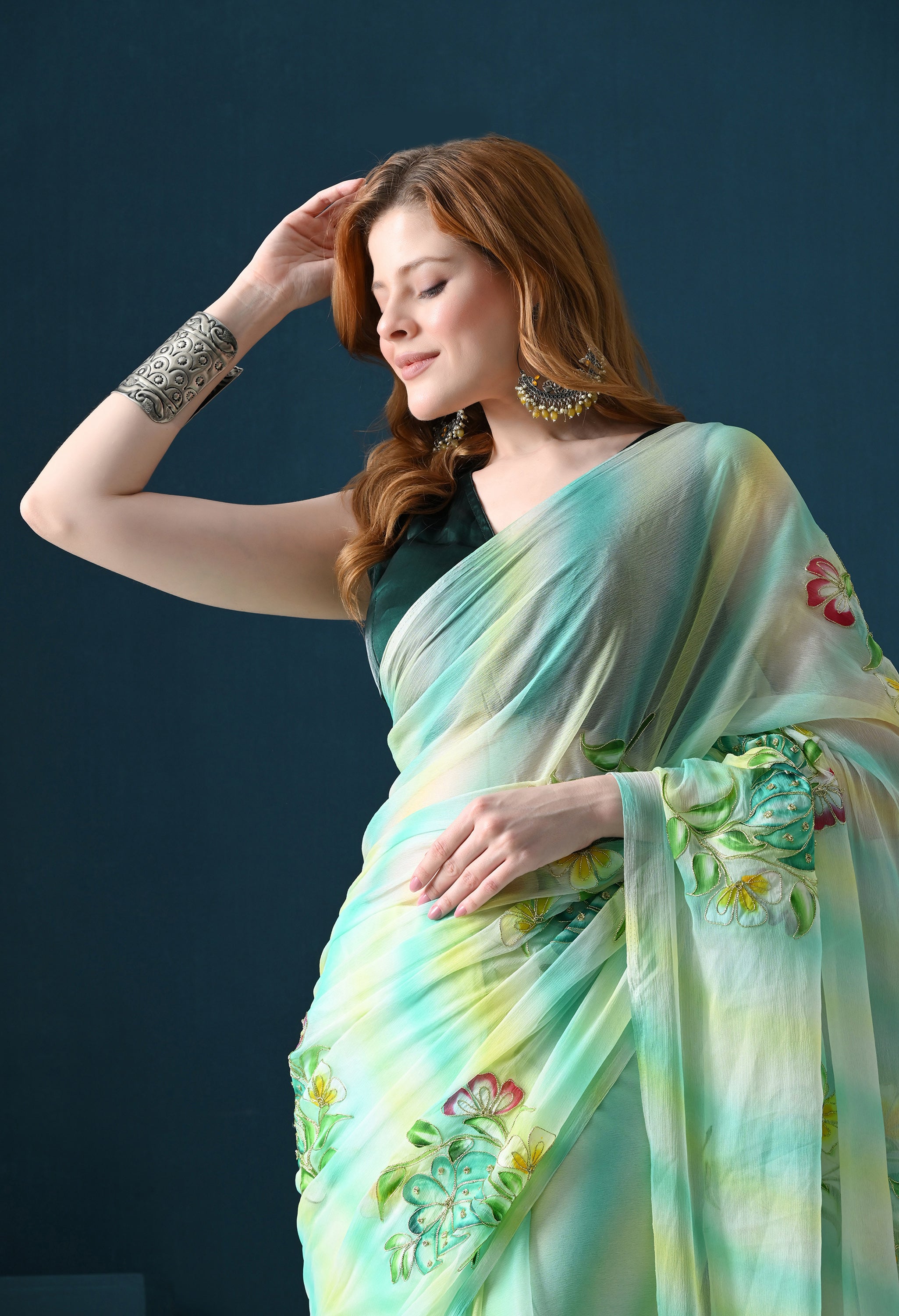Mint Meadow Hand Painted Aari Work Chiffon Saree