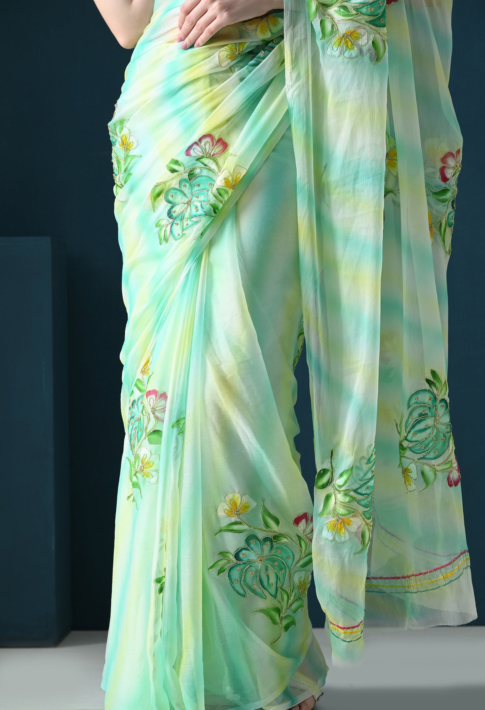 Mint Meadow Hand Painted Aari Work Chiffon Saree