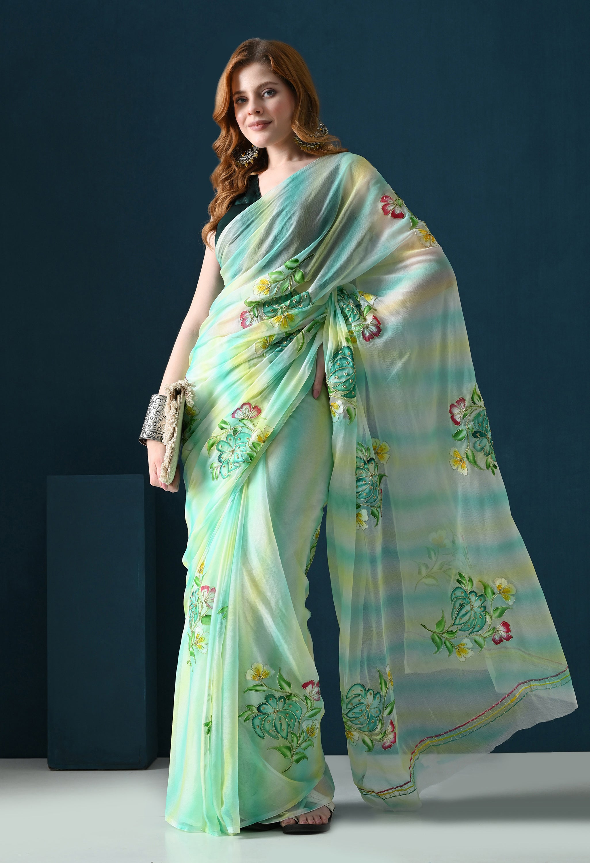 Mint Meadow Hand Painted Aari Work Chiffon Saree