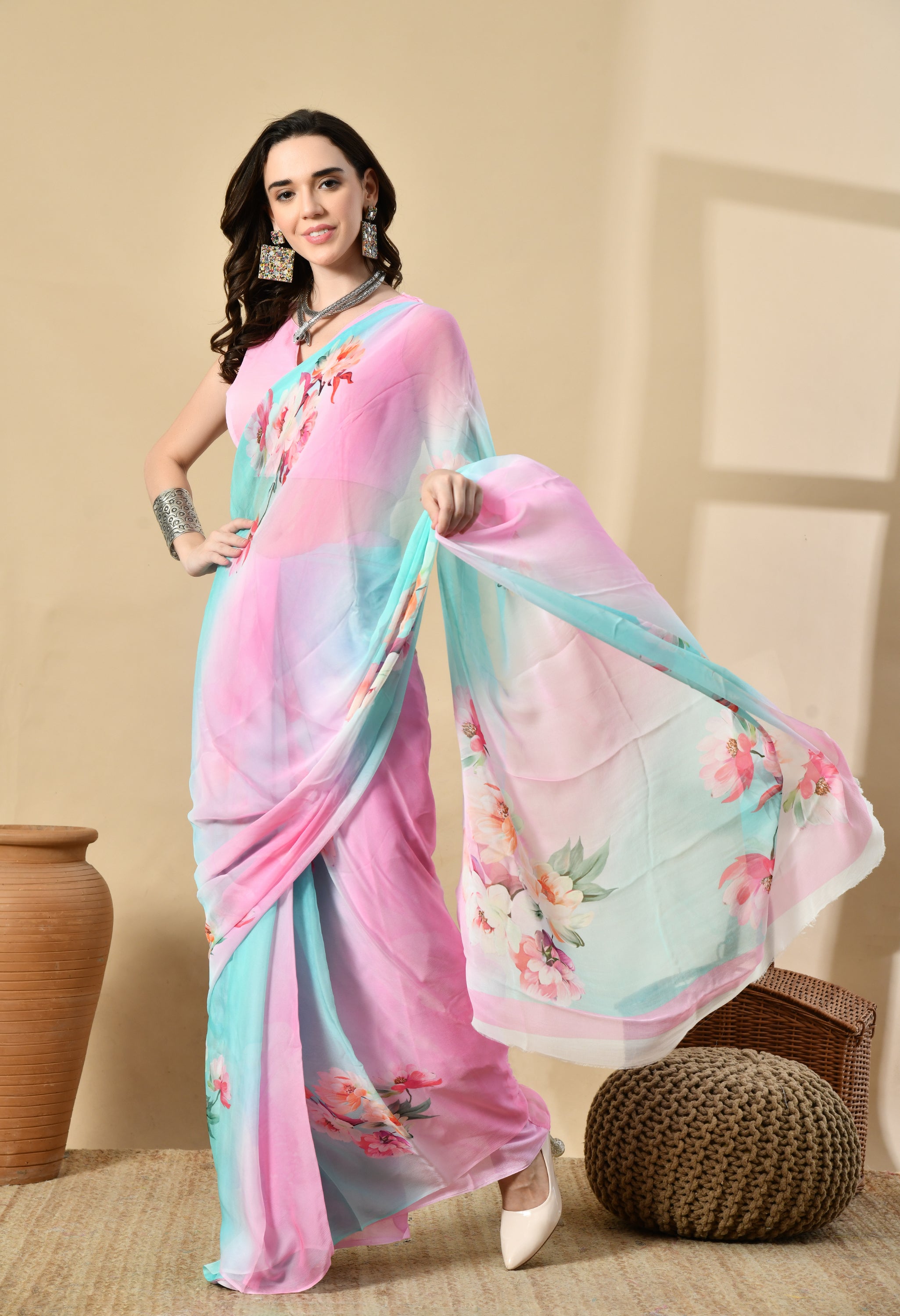 Icey Blue Printed Pure Chiffon Saree