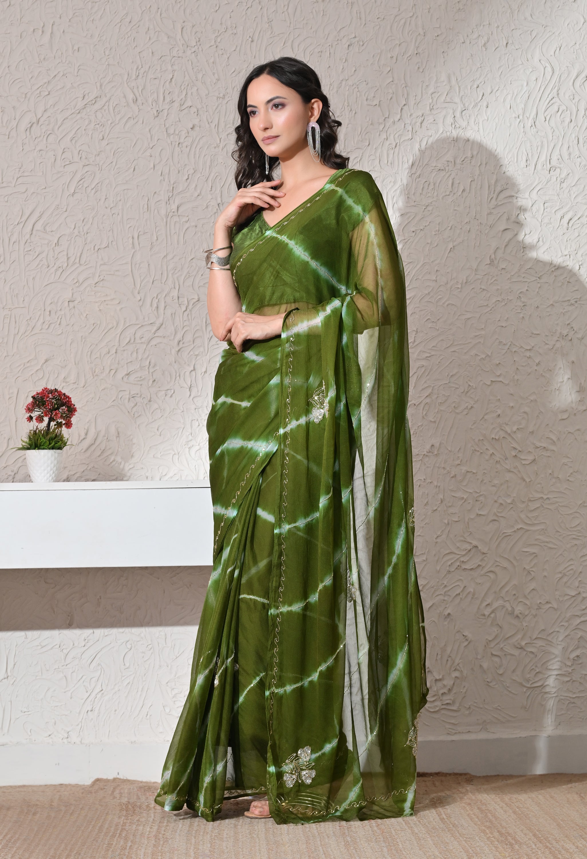 Olive Meadow Italian Chiffon Handcrafted Saree