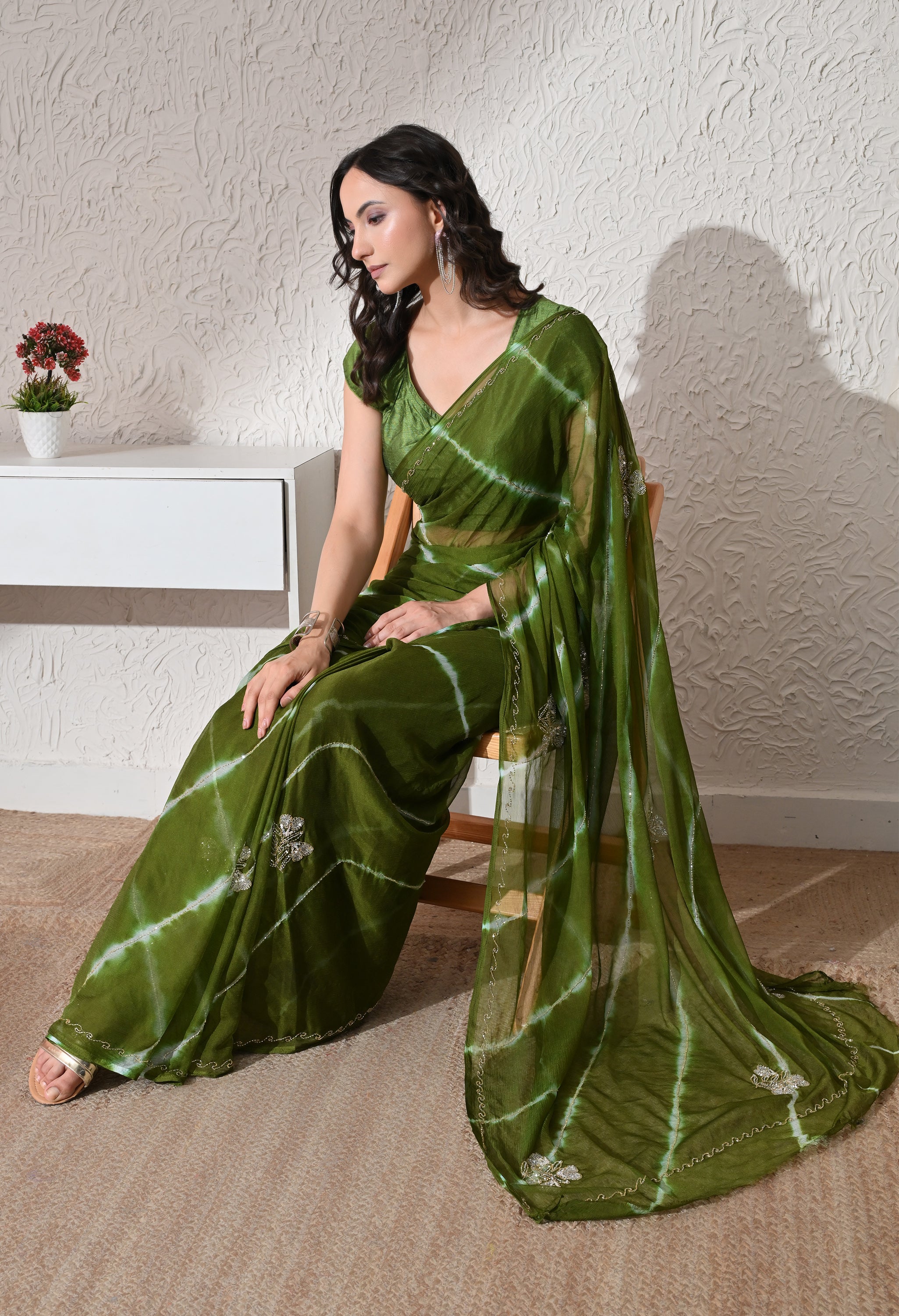 Olive Meadow Italian Chiffon Handcrafted Saree