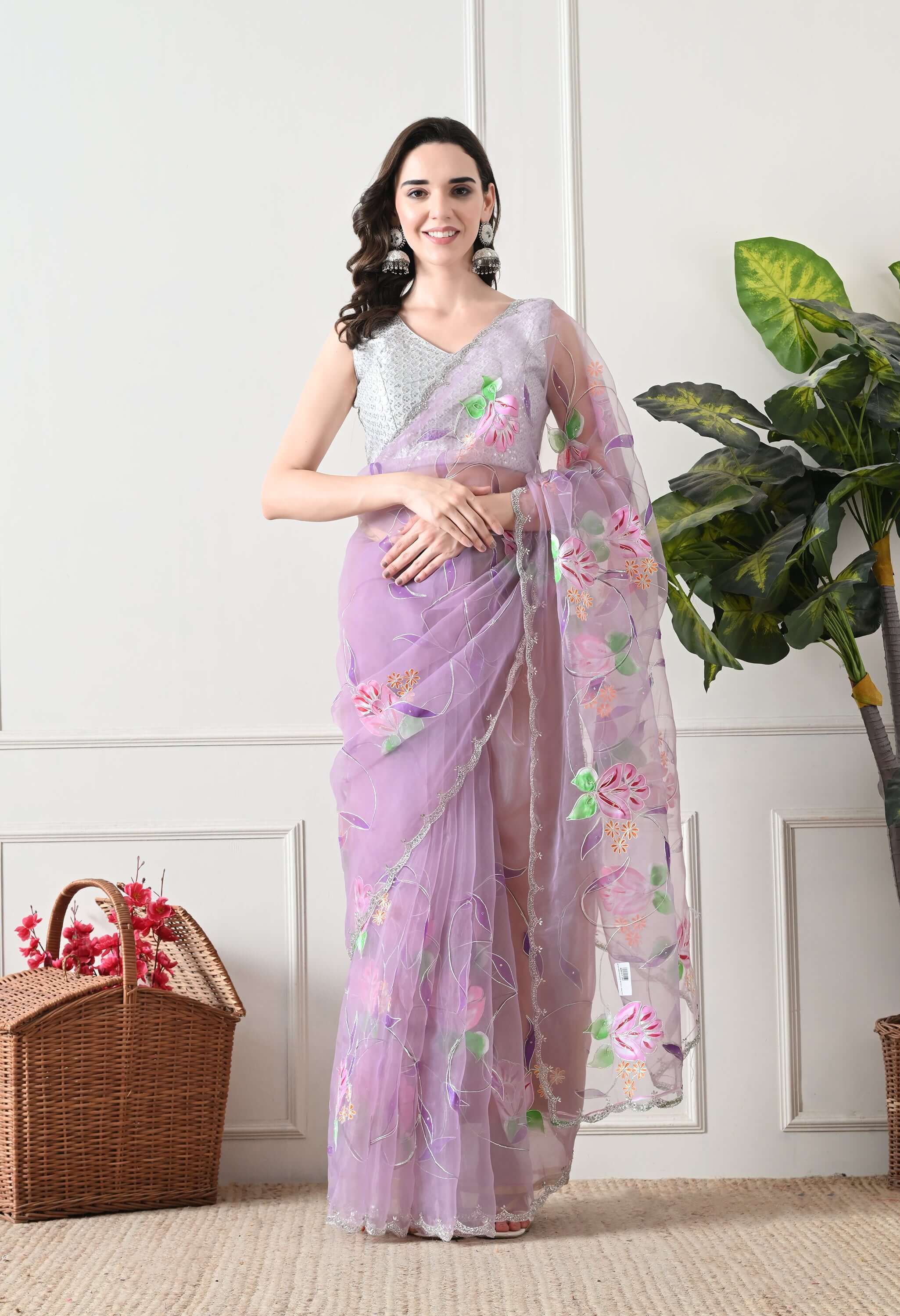 Hand Printed Lavender Organza Saree