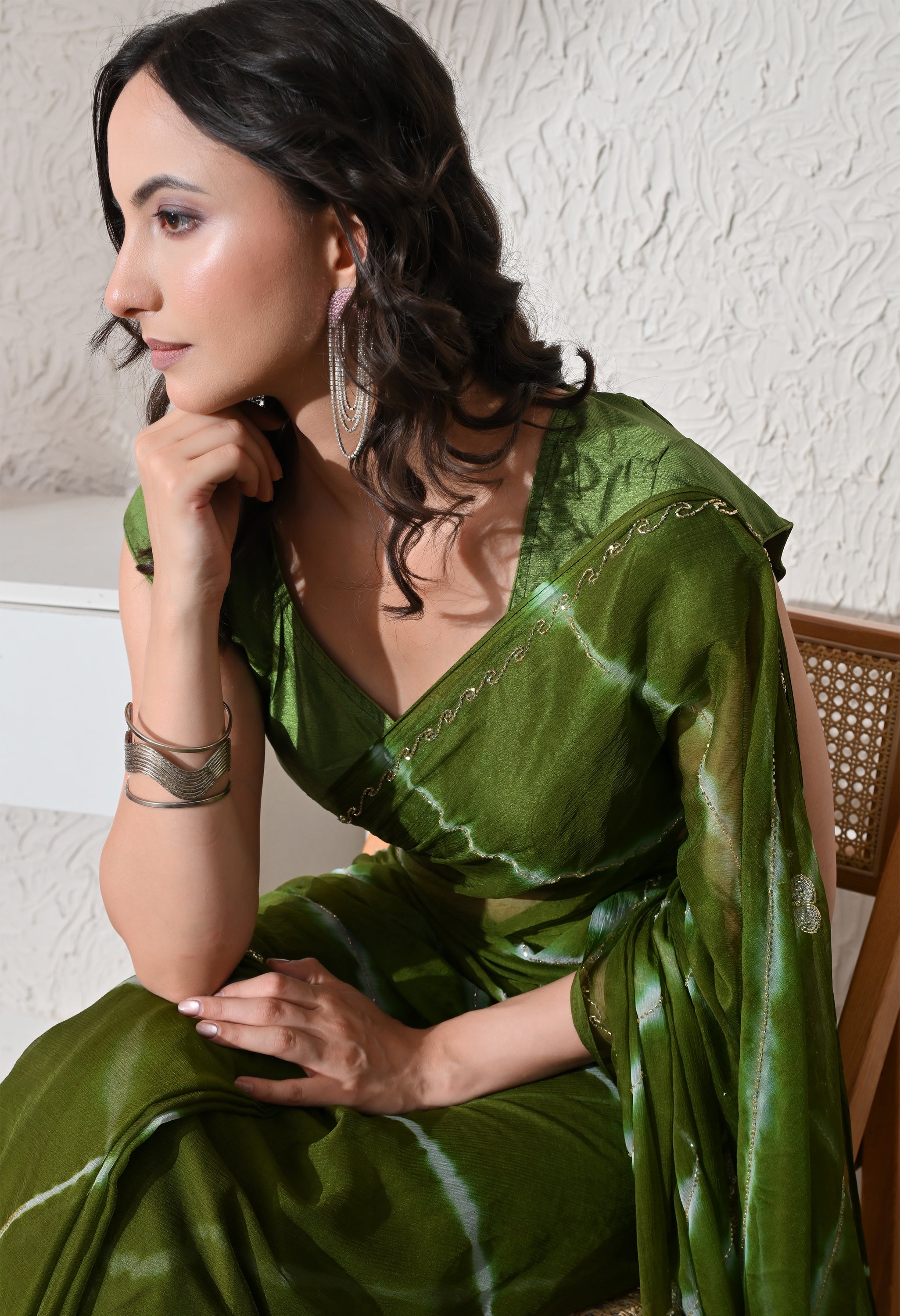Olive Meadow Italian Chiffon Handcrafted Saree