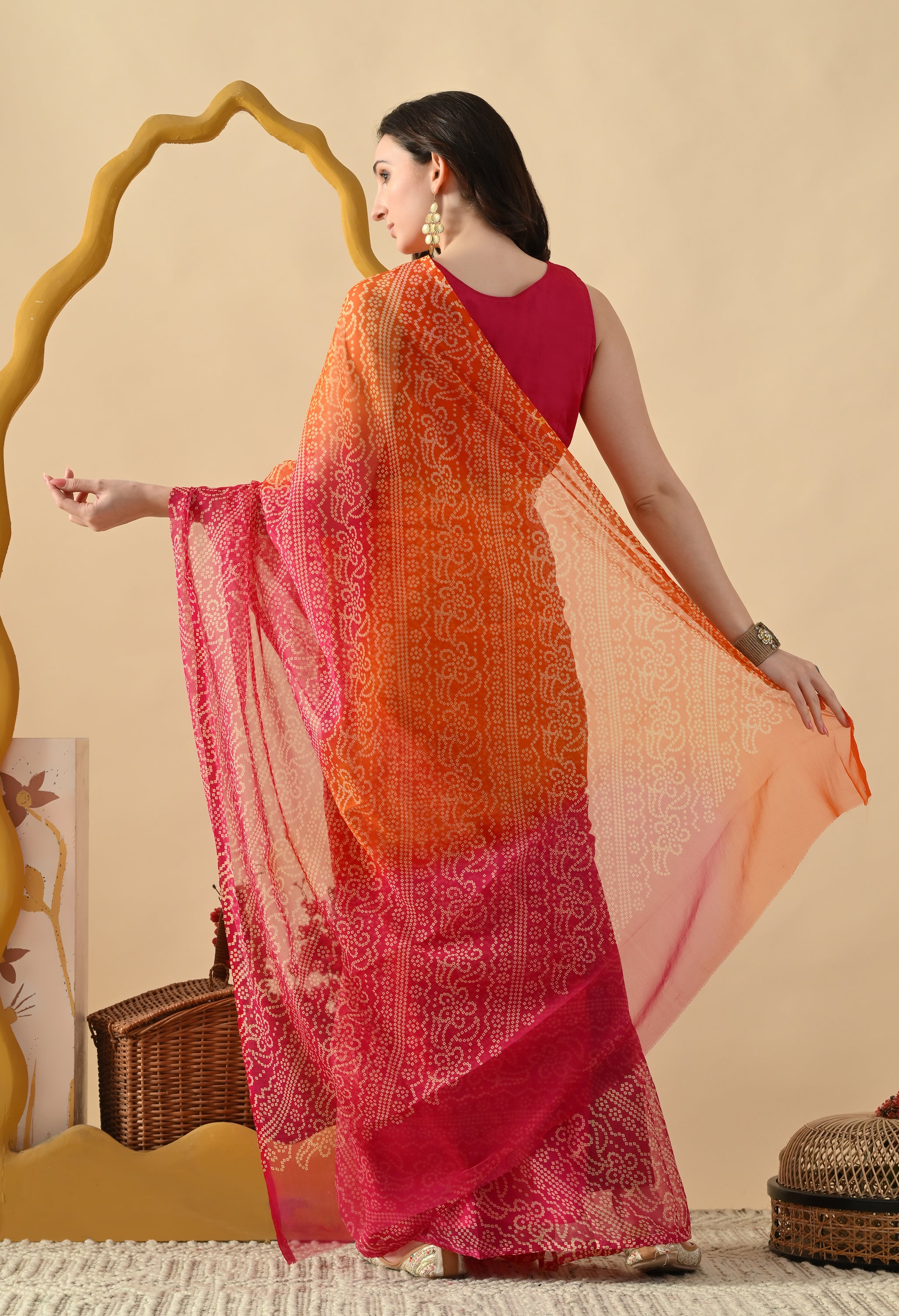 Pink & Orange Chiffon Bandhani Print Saree