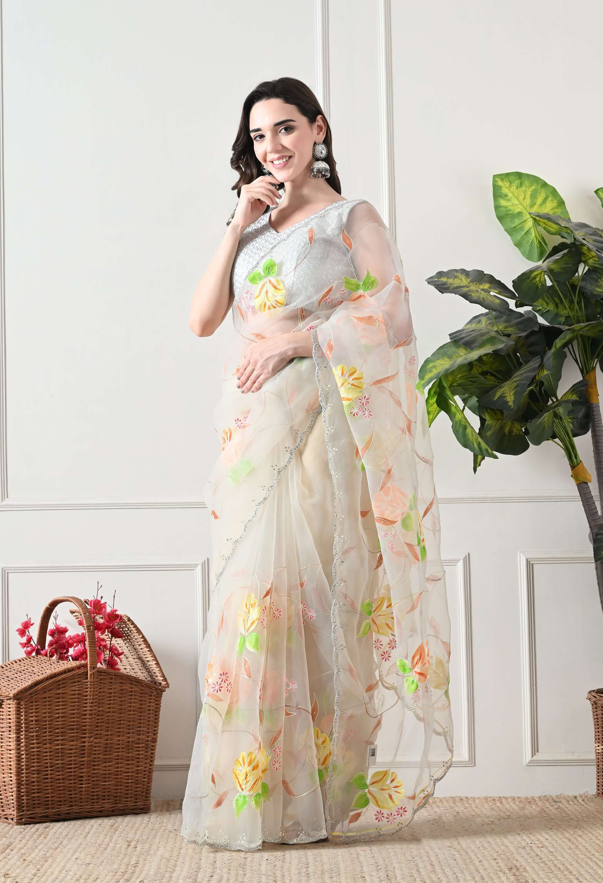 Hand Printed Off White Organza Saree