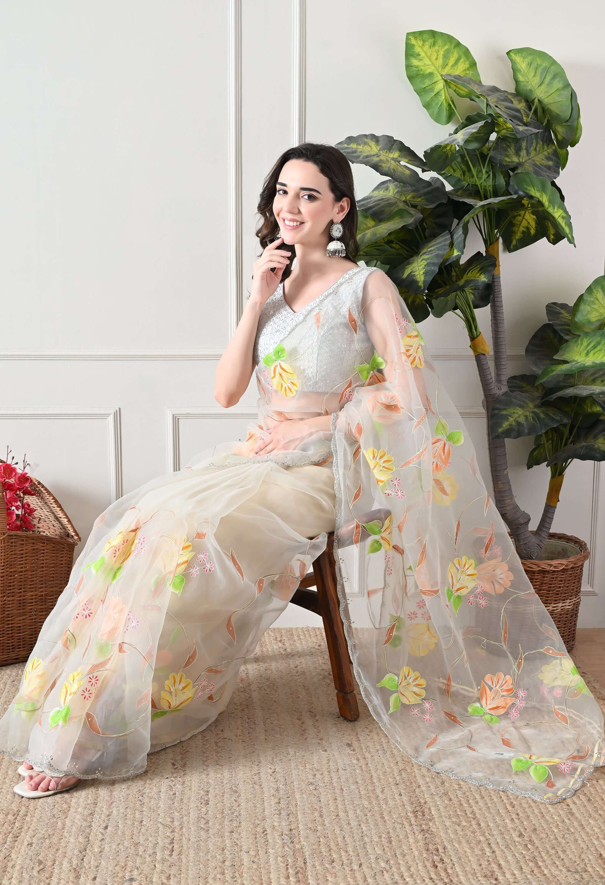 Hand Printed Off White Organza Saree
